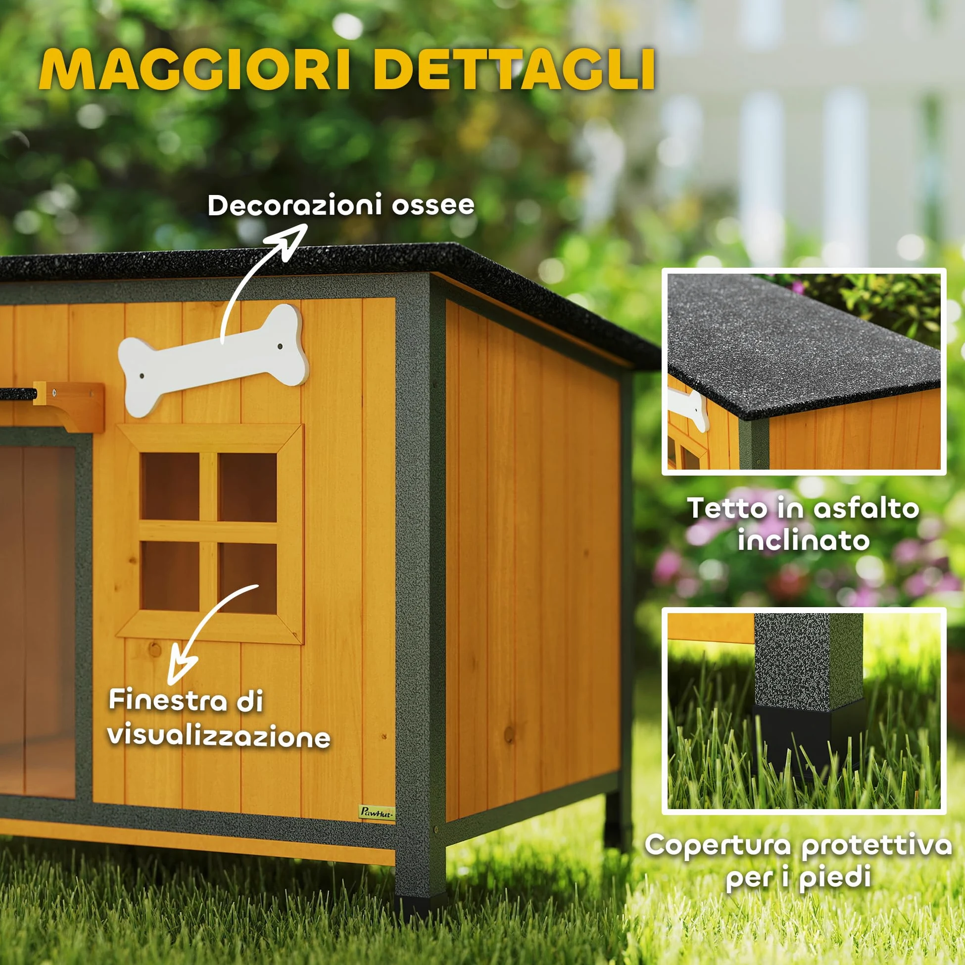 PawHut Cuccia per Cani da Esterno in Legno e Acciaio Anti-Morso, Casetta per Cani Rialzato con Tetto Spiovente Apribile e Impermeabile, Pavimento Rimovibile, Tenda per Porta, Tettoia, 84.5x62x65 cm