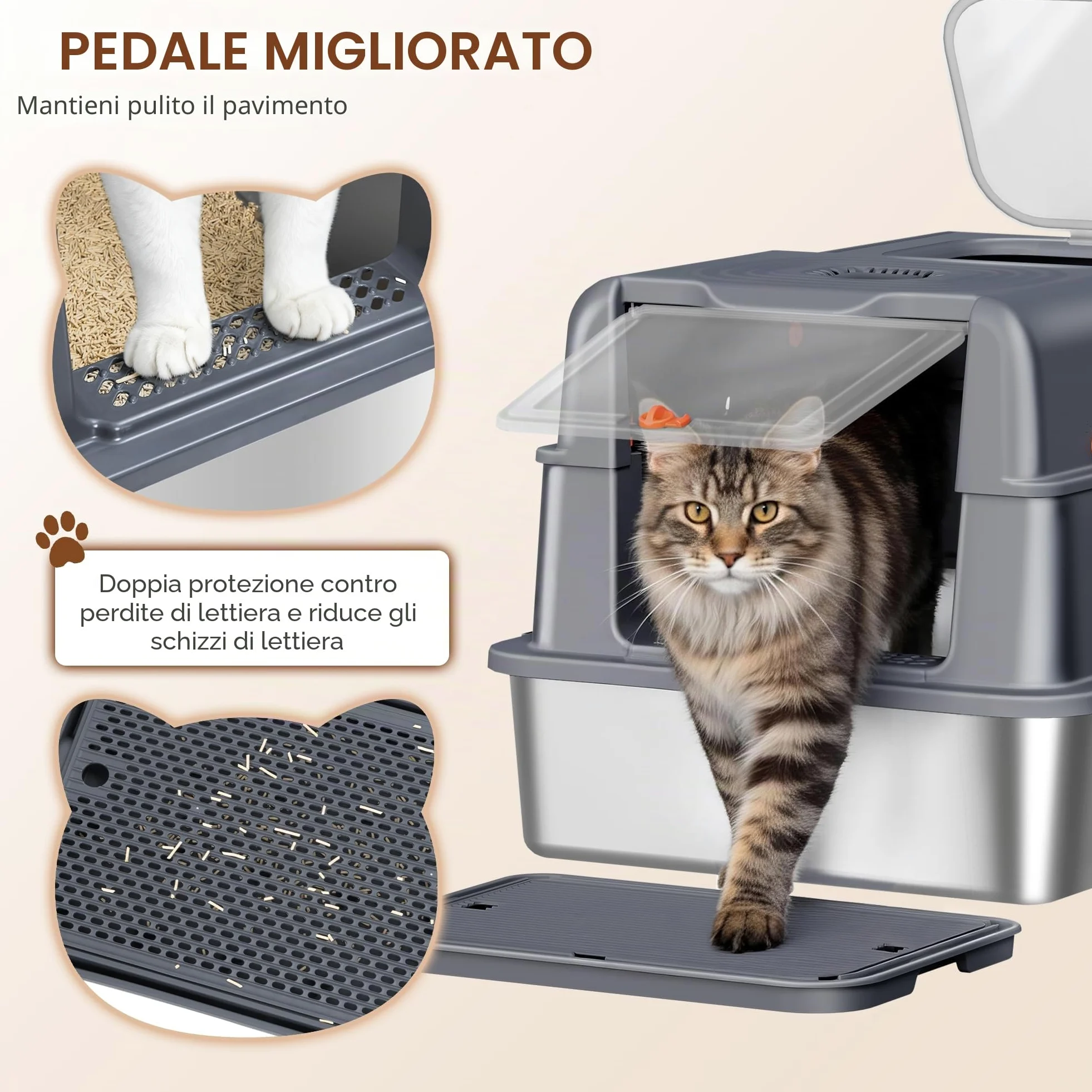 Lettiera Acciaio Inossidabile con Coperchio, XXXL Lettiera Gatto Chiusa, 70 x 50 x 42 cm, 105° coperchio incernierato, Include Pedale e Paletta, Design Modulare, Due Porte, Grigio Scuro