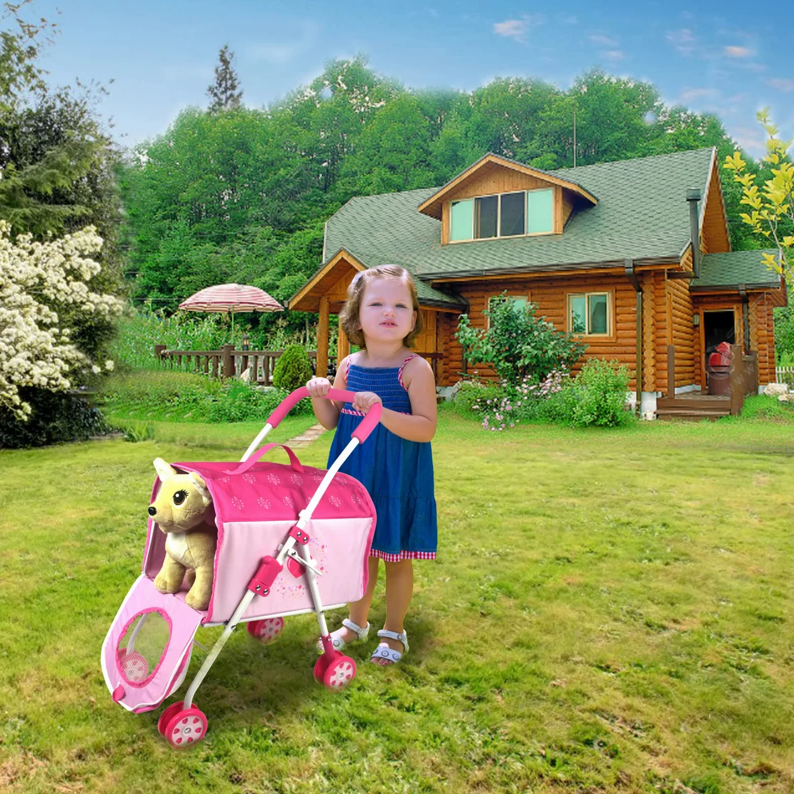 Anivia Passeggino per Animali Domestici e Accessori per Bambini dai 3 ai 7 Anni, Set da 2 Pezzi per Cani da Gioco, Set da Gioco per Cuccioli con 1 Cucciolo Incluso Rosa
