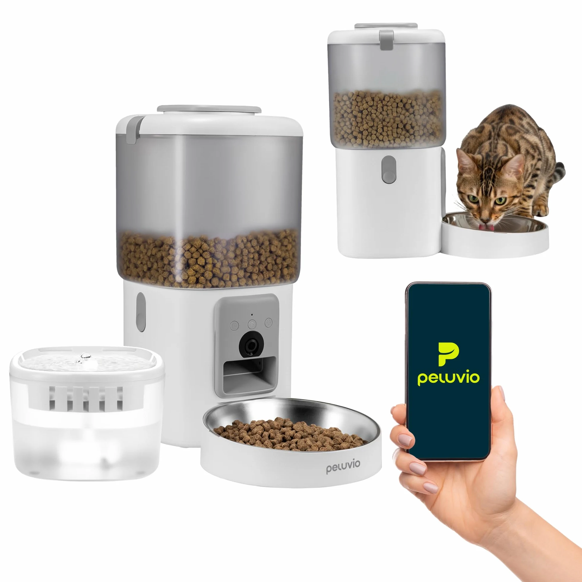 FEAST Distributore Automatico Cibo Gatti con WiFi e Videocamera, Dispenser Crocchette Gatto 4,5 L con Ciotola, Porzioni Programmate, Fontana 2,5 L, Distributore Automatico Cibo Cani (Bianco)