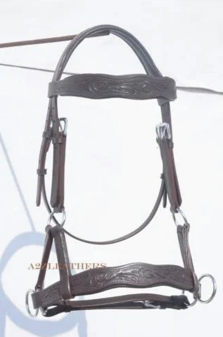 Briglia laterale marrone bitless con intaglio a mano su sopracciglia e nasello a forma di curva