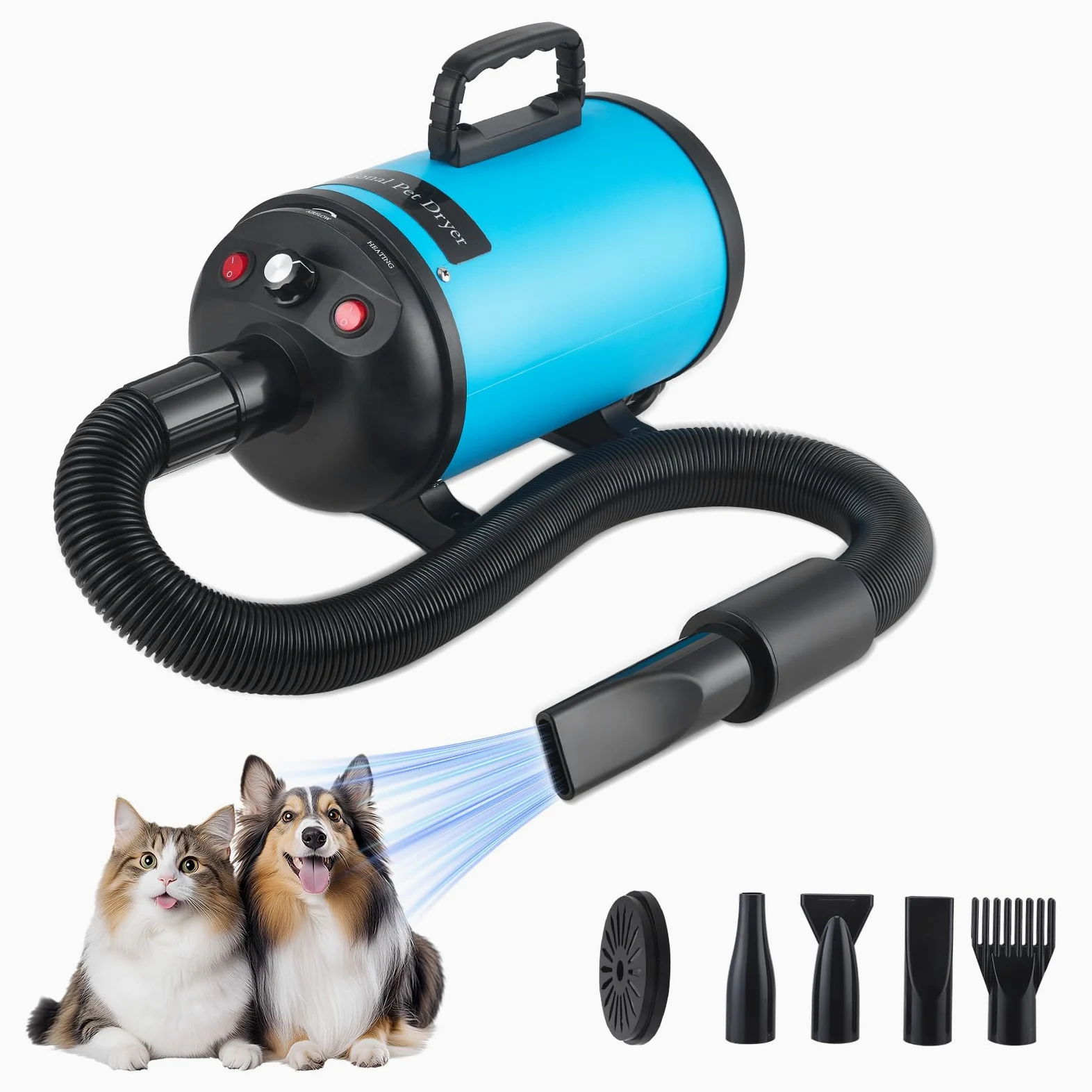 Asciugacapelli per cani, asciugacapelli per cani, 3800 W/4,5 CV, asciugacapelli professionale per la cura del pelo, regolazione continua della velocità, a basso rumore, con 4 diversi ugelli, tubo