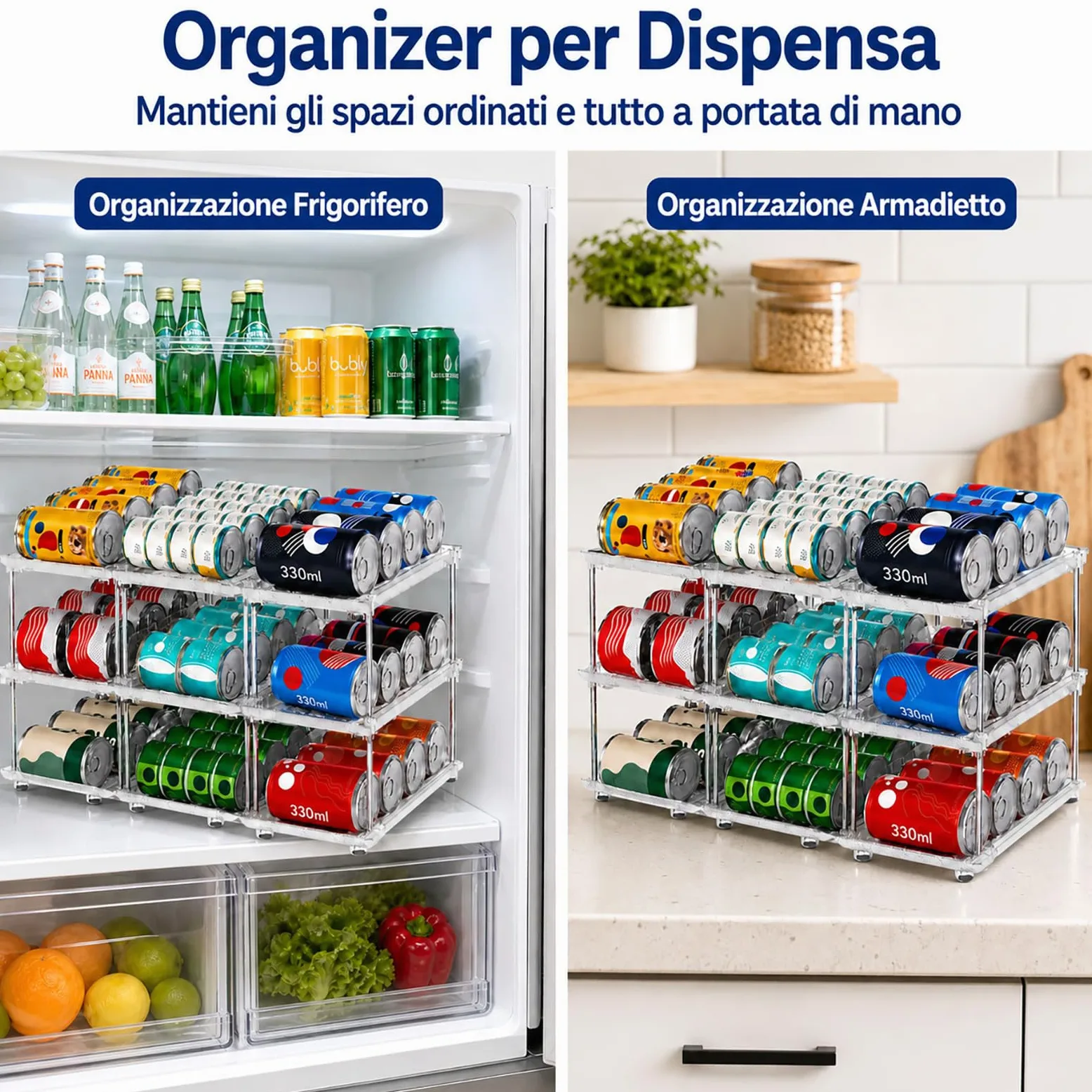 Organizzatore per Lattine e Barattoli da Conserva per Dispensa – Distributore a 3 Livelli Impilabile per Armadio Cucina e Frigo – Sistema di Conservazione Regolabile per Conserve, Bibite e
