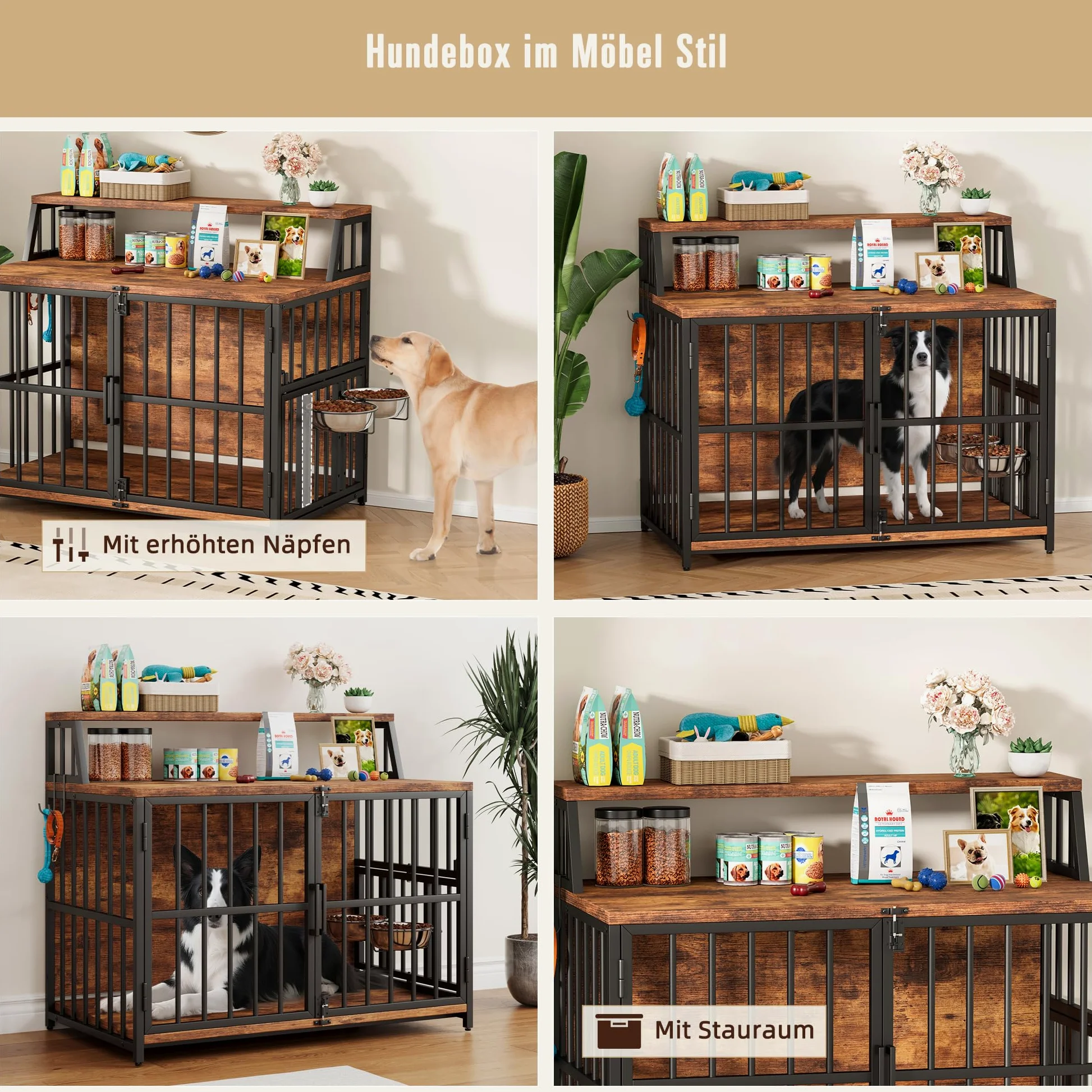 Gabbia per cani per la casa, 100 x 60 x 85 cm, gabbia per cani in legno con ciotole orientabili, cuccia in stile mobili con spazio per cani fino a 35 kg