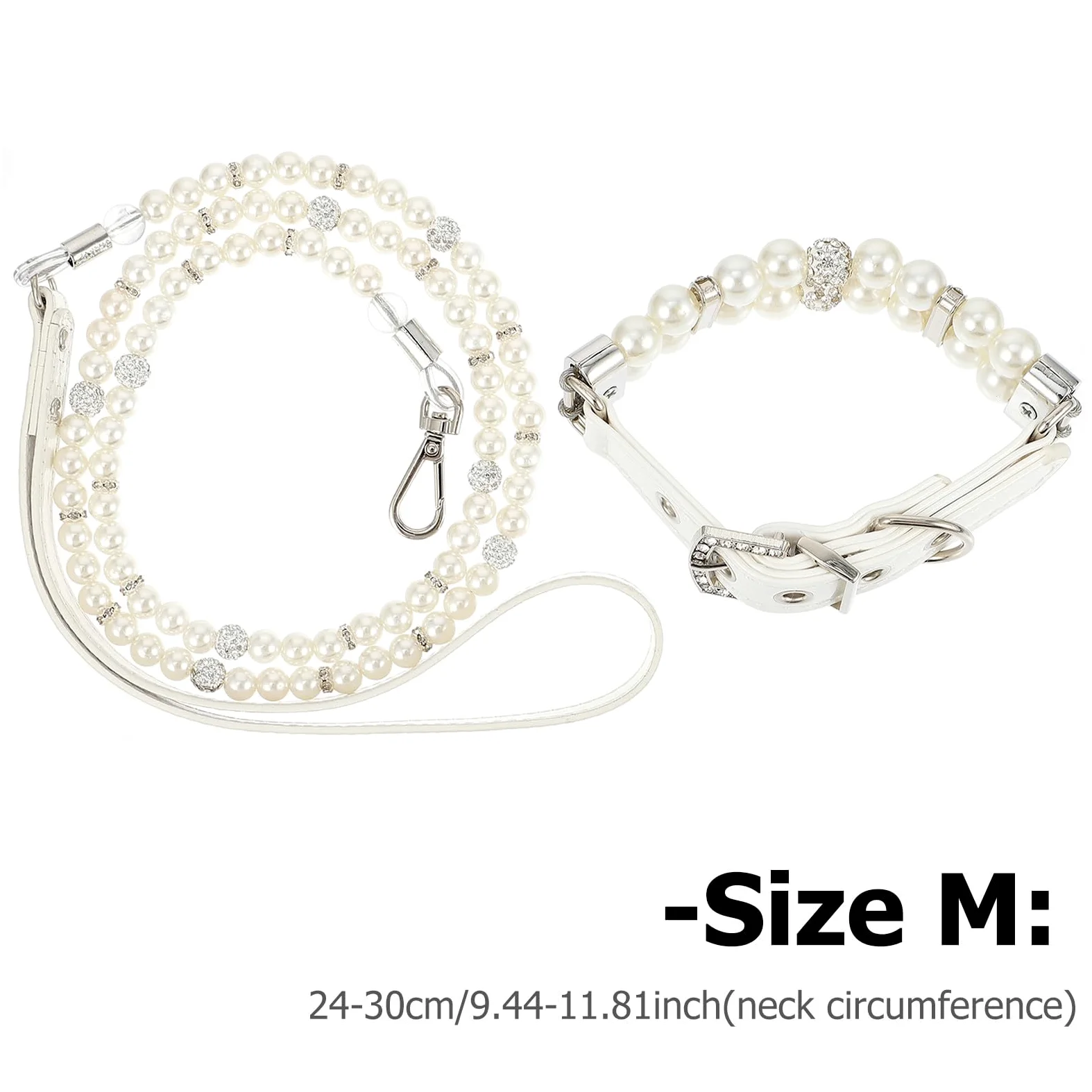 Set Collare e Guinzaglio per Cane, Regolabile, 2pezzi | Pu Leather e Faux Pearls, Bianco, per Cucciolo, Adatto a Compleanni e Matrimoni