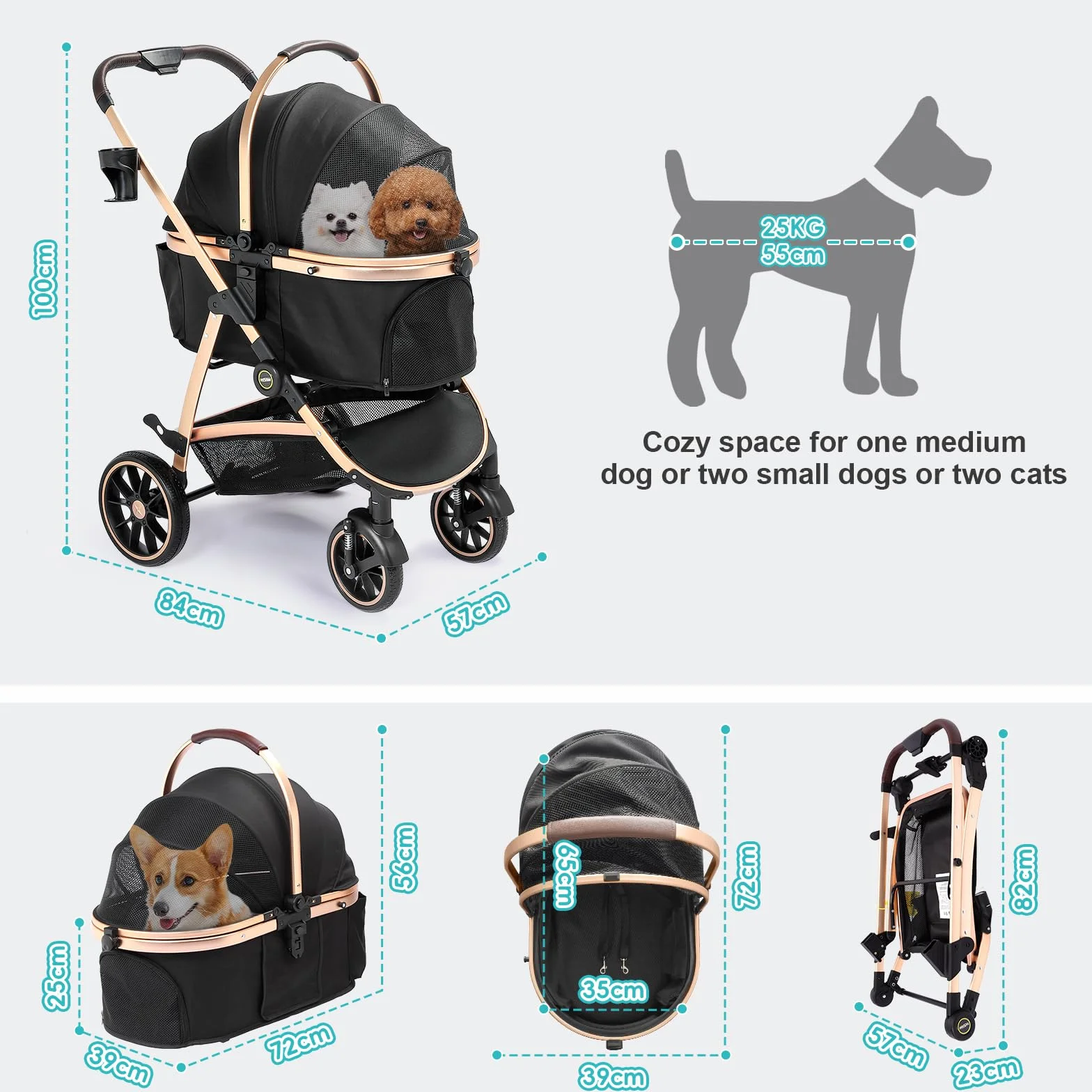 Passeggino per Cani 4 in 1 fino 25 Kg,Telaio in alluminio anodizzato 100% pieghevole,ruote gomma schiumosa 360°,Staccabili,adatto per cani e gatti di medie e piccole taglie, Marrone