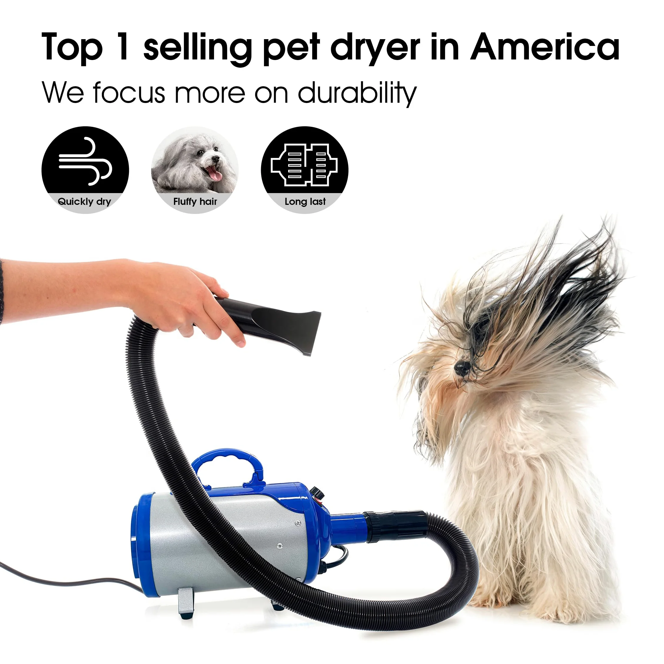 Shelandy Essiccatore a pressione per animali 3.2 HP, controllo temperatura e velocità d'aria, motore silenzioso, coperchi anti rumore, riduzione del suono, 4 punte staccabili, tubo lungo e flessibile