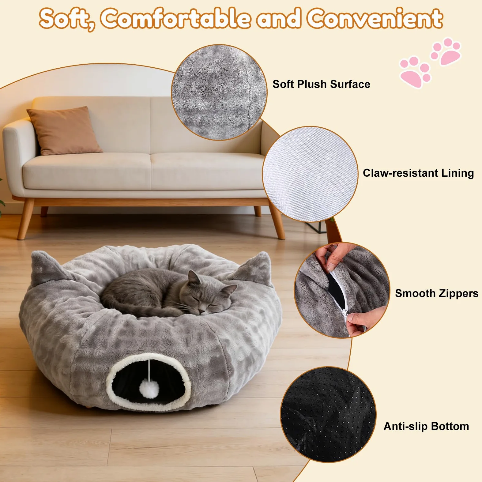 Tunnel per Gatti, Tunnel Gatto e Cuccia 2 in 1 con Giocattoli Pendenti, Tunnel Gatto con 2 Ingressi, Cuscino Circolare Lavabile, Tubo per Gatti Gioco Pieghevole per Gattini/Cuccioli/Conigli