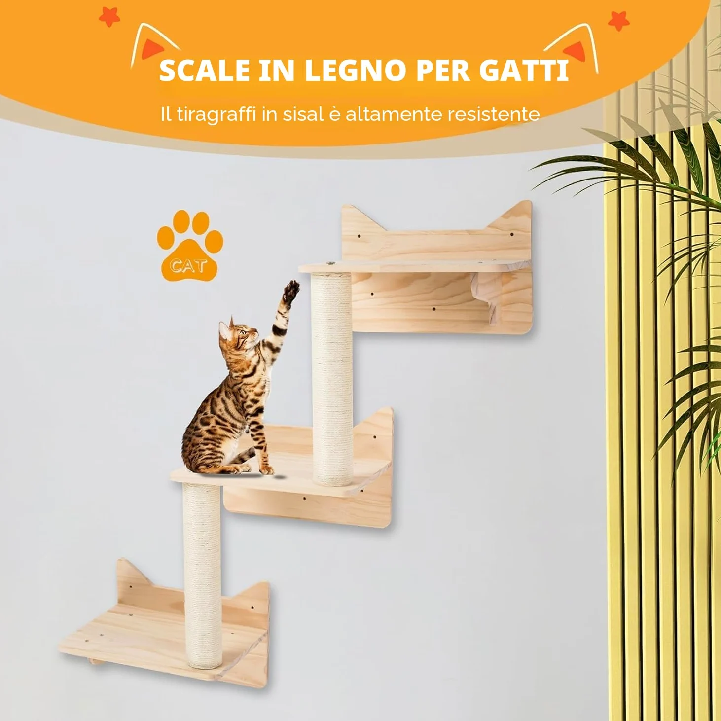 Mensole da Parete per Gatti, Set di Mobili con Mensole e Posatoi da Parete, Palestra da Arrampicata con Tiragraffi e 3 Gradini, Casette da Interno Montate a Muro