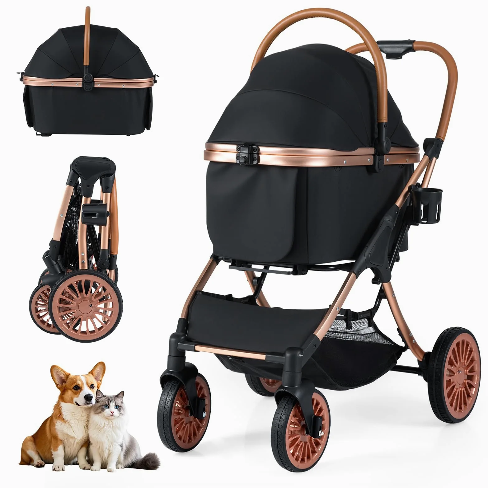 COSTWAY Passeggino Pieghevole per Cani 3 in 1, Carrozzino per Animali con Portapacchi Rimovibile, Tettuccio, Cuscino Rimovibile, Cintura di Sicurezza, Cestino e Portabicchiere, Portata 25 kg