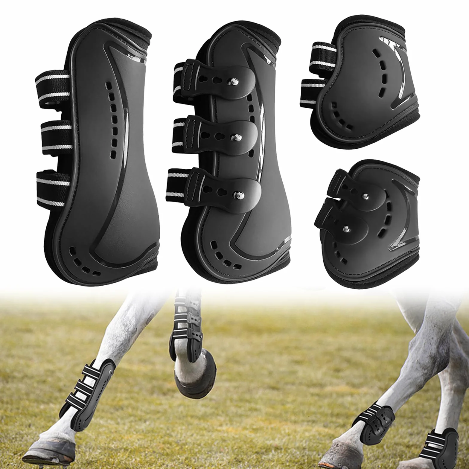 Set di Tendine per Cavallo, Horses Stinchiere Mesh Boots Set 4 Pezzi,Stivali per Gambe da Cavallo,Ghette da Salto,Cavallo Anteriore Posteriore Gamba Shock Absorbing Show Competition Leg Protection,L