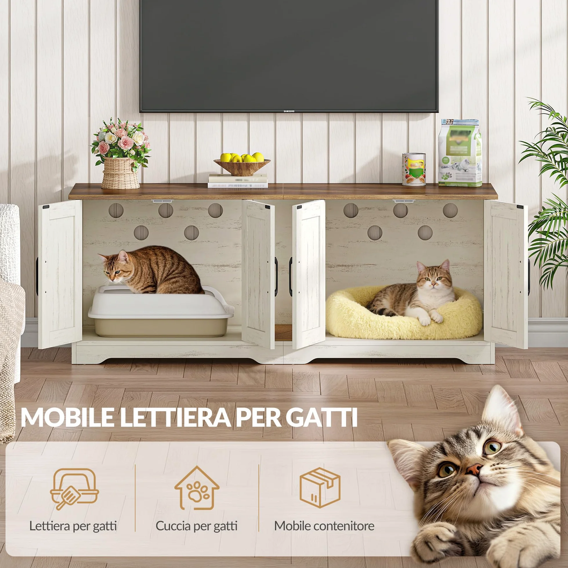 Mobile Lettiera per Gatti per 2 Gatti, Mobiletto per Lettiera Nascosta, Cuccia per Gatto da Interno, Legno Tavolino Laterale con Tappetino Graffiante, 140 x 50 x 55 cm, Marrone e Bianco