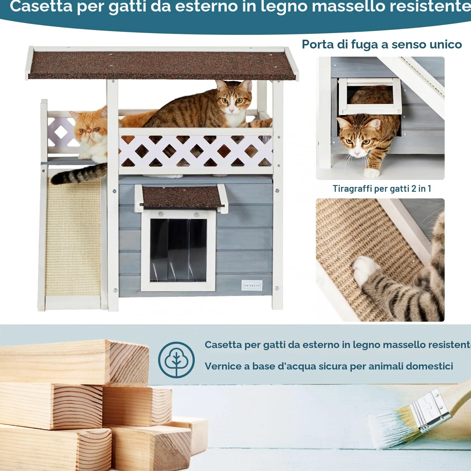 Petsfit Casetta per Gatti in Legno, con Tetto Asfalto, Cuccia per Gatto da Esterno (Grigio con tiragraffi, 76x56x72.4cm)