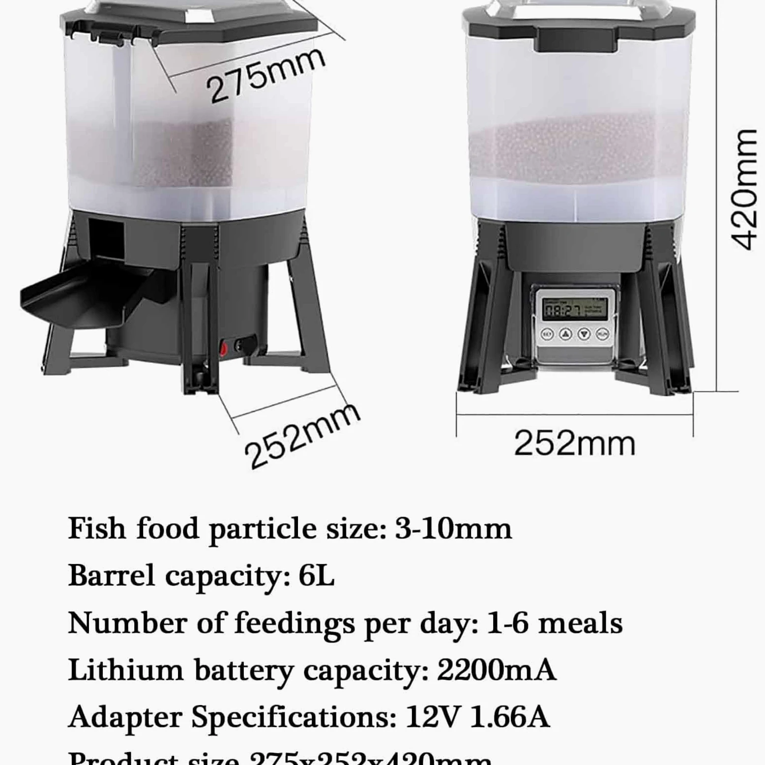 ERICAT Dispenser Automatico Solare per Mangime per Pesci da Laghetto da 6 Litri, Dispenser Elettrico per Mangime per Pesci con Display LCD E Timer, Alimentazione Dispersa a 120° E 6 Tempi