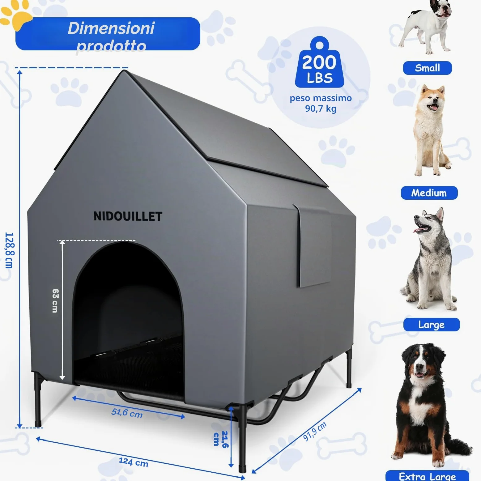 casa per cani di razza grande 122CM all'aperto o al chiuso, resistente alle intemperie 600D PVC grande casa per cuccioli, traspirante 2x1 Textilene tessuto letto per cani rialzato