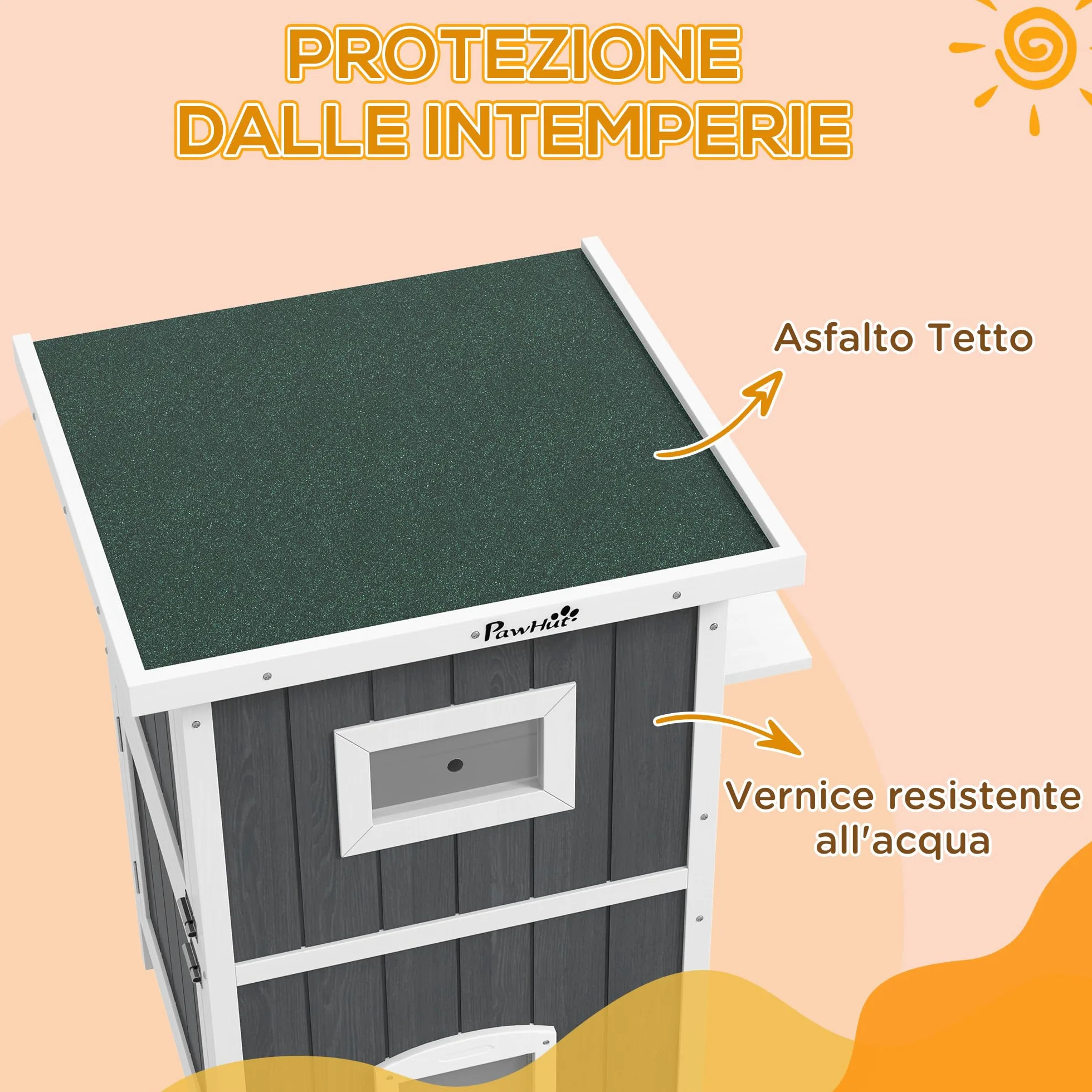 PawHut Cuccia Gatto Esterno in Legno di Abete a 2 Piani, Casetta per Gatti da Esterno con Tetto Apribile e Impermeabile, 60x60x90.5cm