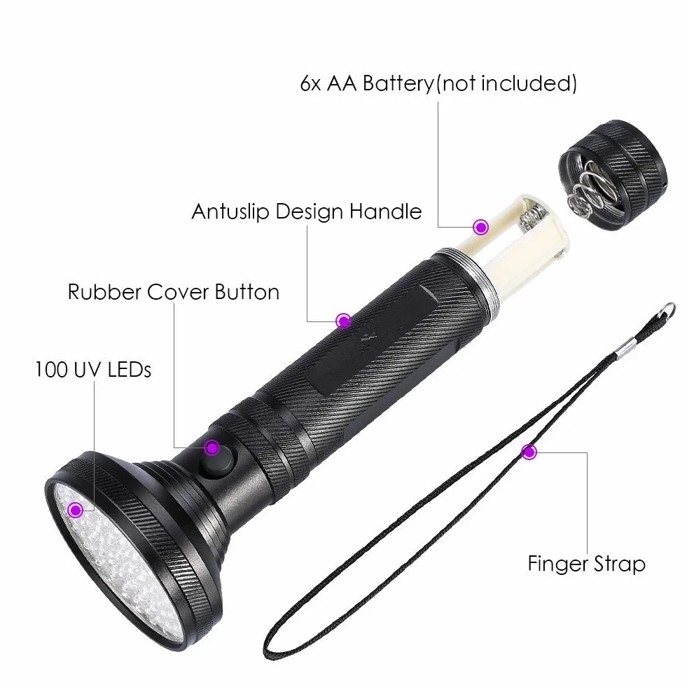 DEWIN Torcia UV,Luce UV Lampada di Wood Torcia Subacquea Mini 395nm 100 LED con Occhiali da Sole