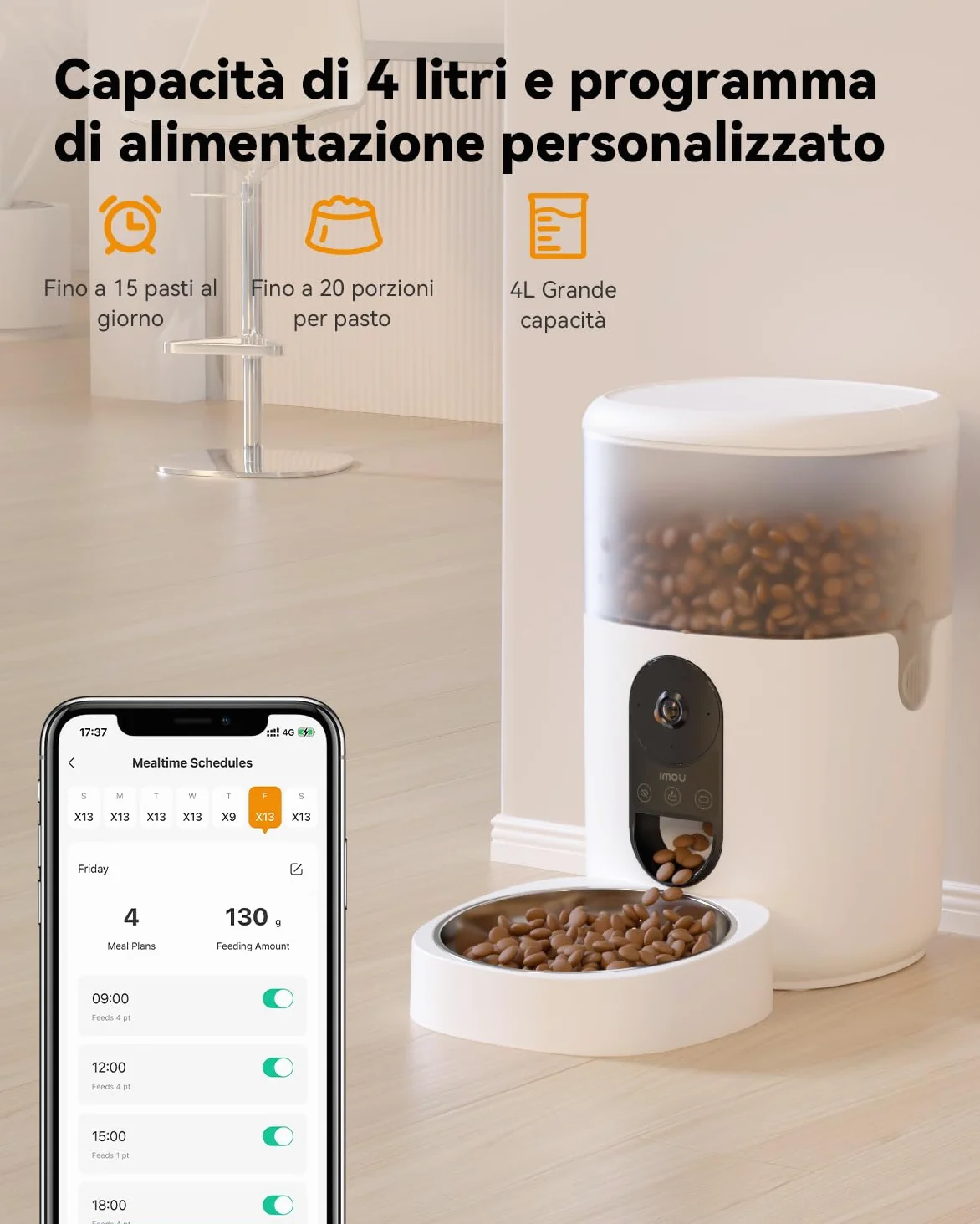 Imou 4L Distributore Automatico Cibo Gatti con 360° Telecamera, 4MP Distributore Automatico con Sensore per Cibo Basso, Tracciamento del Gatti/Cani, 2.4G WiFi, 1-15 Pasti/Giorno, Controllo APP