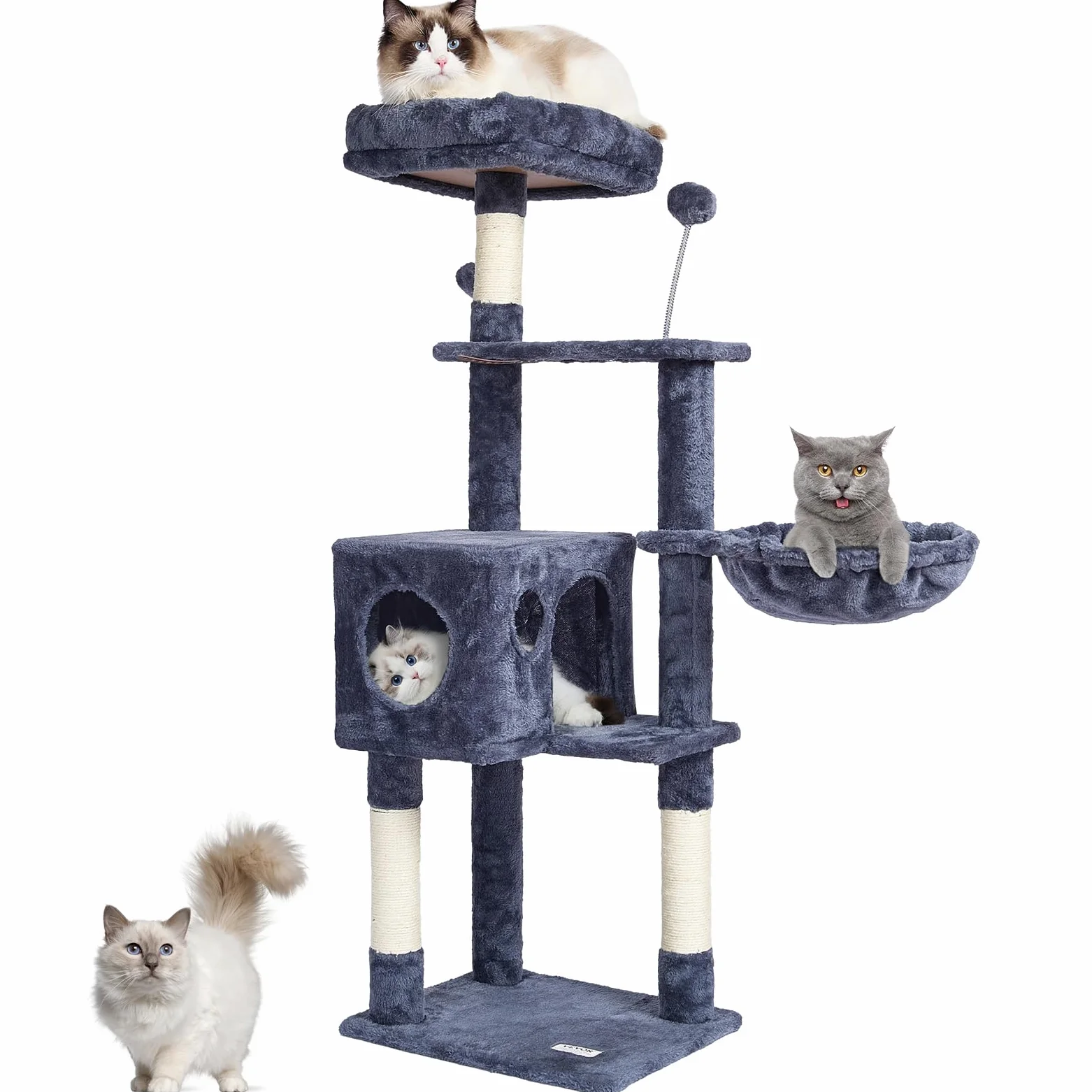 VEVOR Tiragraffi per Gatti da Interno 115 cm Torre con Cuccia, Amaca, Trespolo Superiore, Piattaforme per Salti, Palla Appesa, Centro Attività per Mobili, Grigio Scuro