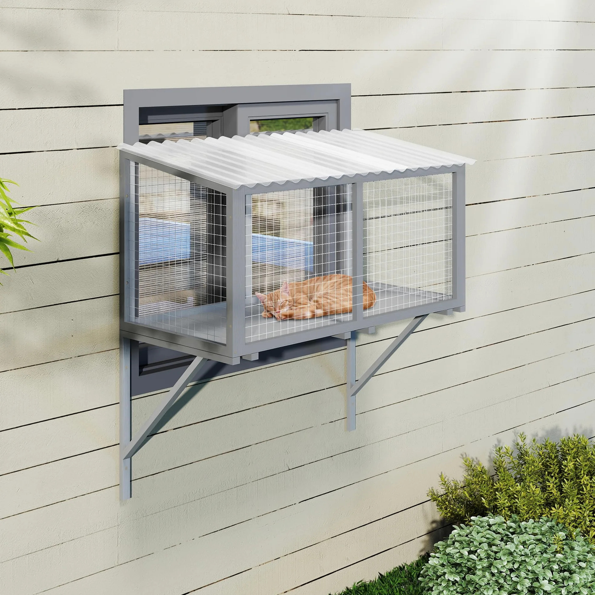 Catio - Finestra per gatti da esterni, in legno, resistente alle intemperie, con rete metallica zincata e tetto in PVC, grande piattaforma di osservazione per gatti, stabile a parete (grigio scuro)