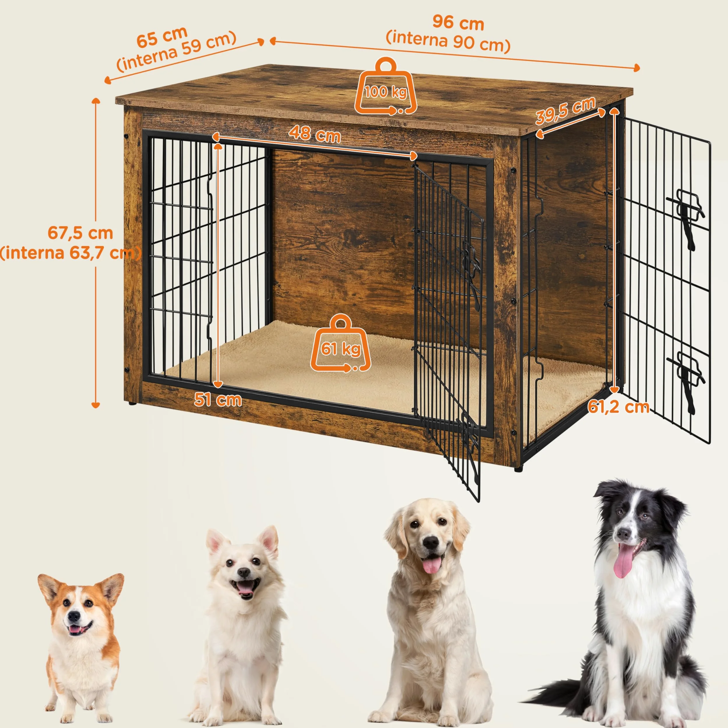 Yaheetech Gabbia per Cani Kennel Tavolino Armadietto con Doppie Porte Gatti a Rete in Legno da Interno (Marrone Rustico, 96 x 65 x 67,5 cm)