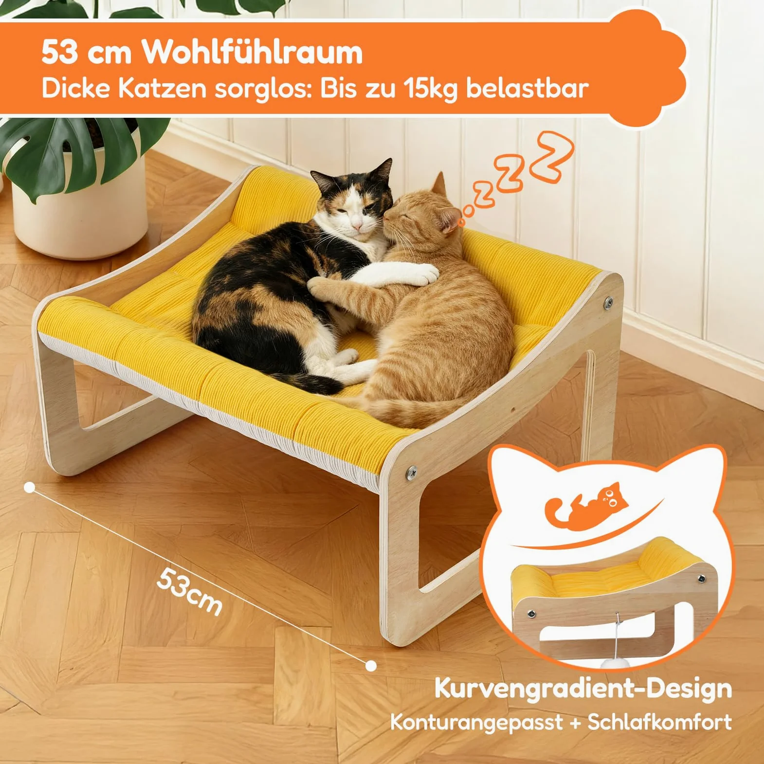 BSWAY Letto per gatti rialzato, in legno, divano per gatti giallo sole, 53 x 40 cm, alla moda, con coprimaterasso rimovibile, portata 15 kg