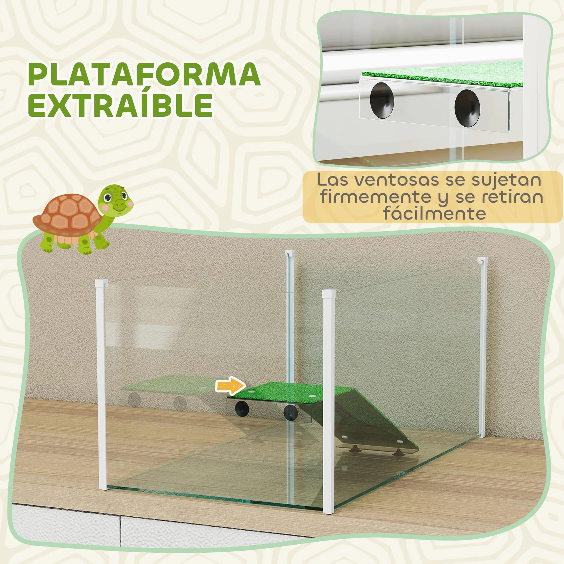 PawHut Acquario per tartarughe, terrario per tartarughe con piattaforma e rampa con superficie in erba artificiale, vista panoramica a 360°, per piccoli pesci, gamberetti, 60x35x28 cm, bianco