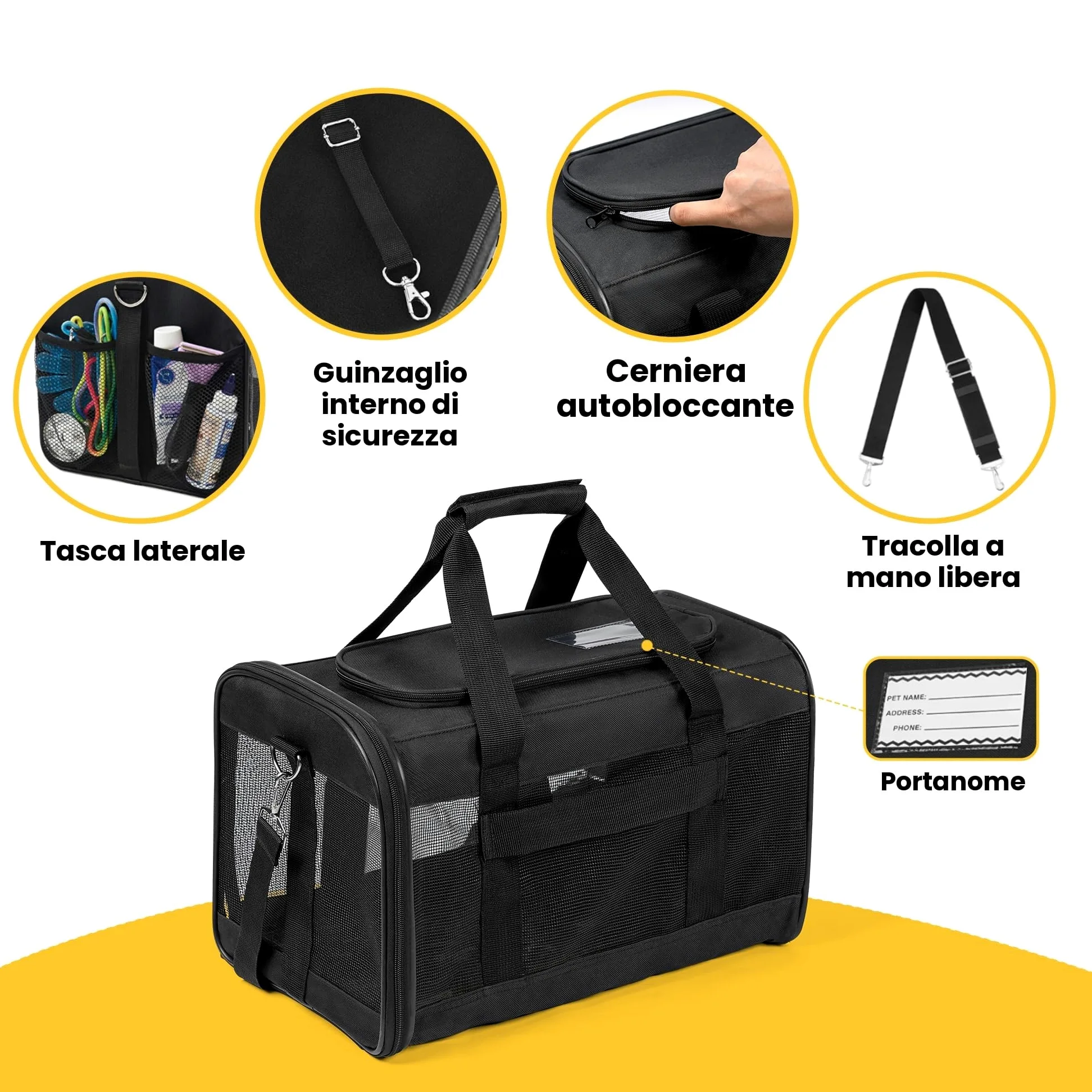 Conlun Trasportino per gatti approvato, Trasportino morbido con guinzaglio interno, Per gatti e cuccioli fino a 7 kg, Borsa da viaggio pieghevole -Nero,M