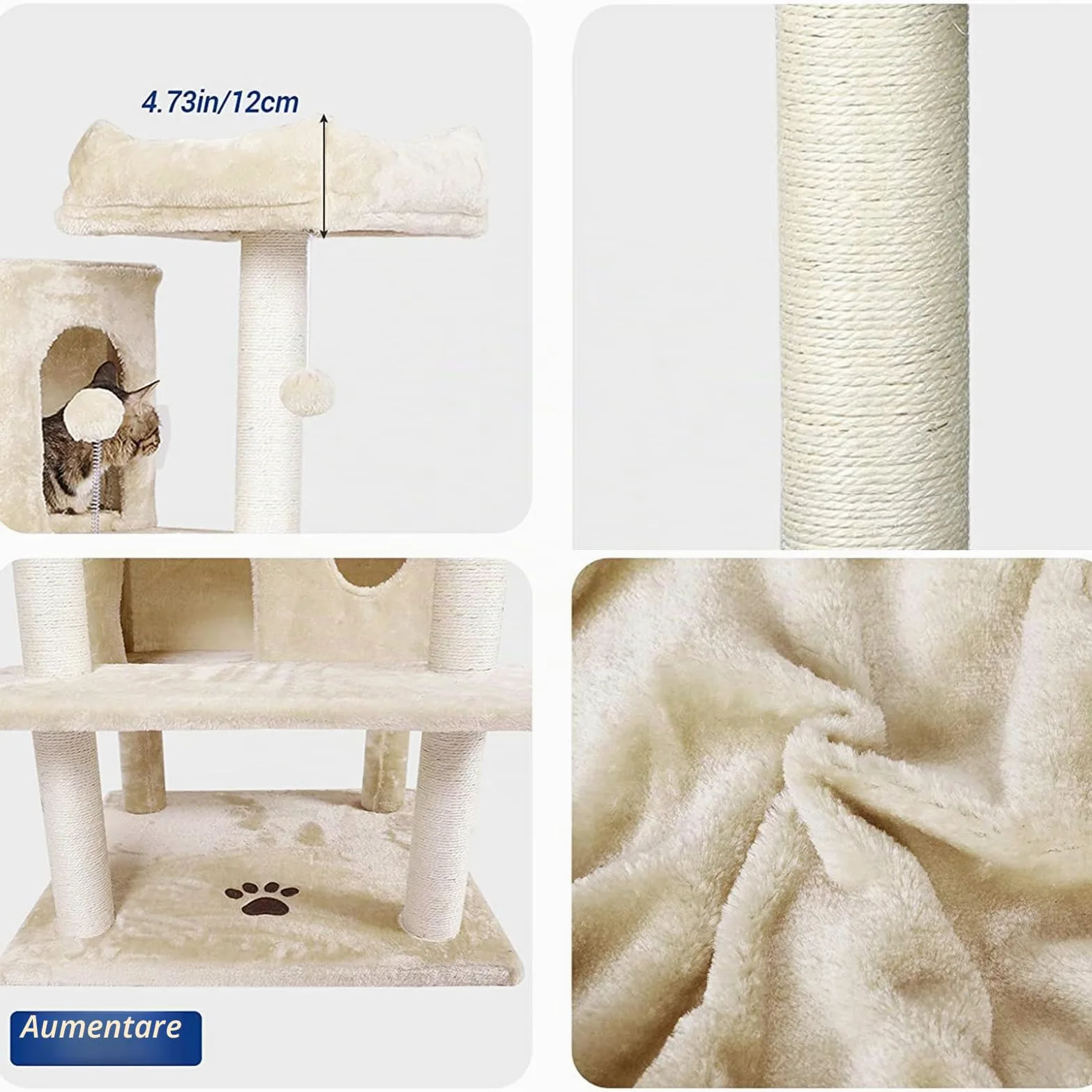 MSmask, Tiragraffi grande, in formato XXL, 175 cm, stabile, con 3 grandi piattaforme di osservazione, per gatti di grandi dimensioni, elementi tiragraffi in sisal (beige)