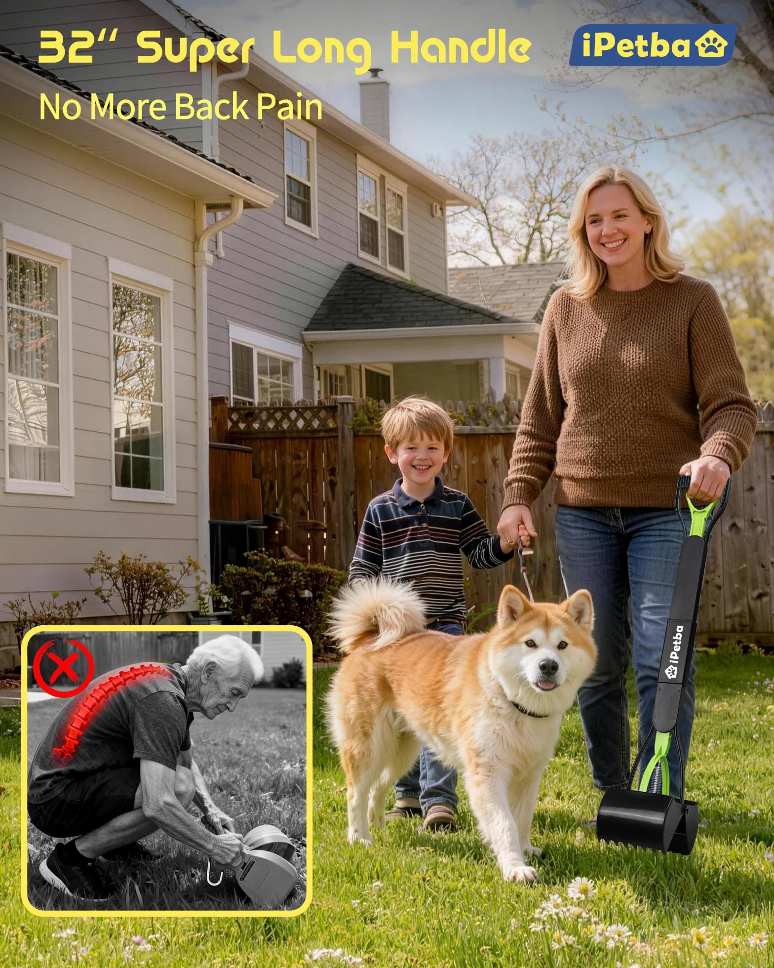 80 cm Raccogli Cacca Cane Manico Lungo Senza Piegarsi Paletta Raccogli Cacca Cani Pieghevole Pooper Scooper per Ghiaia, Terreno, Erba，Lot de 2