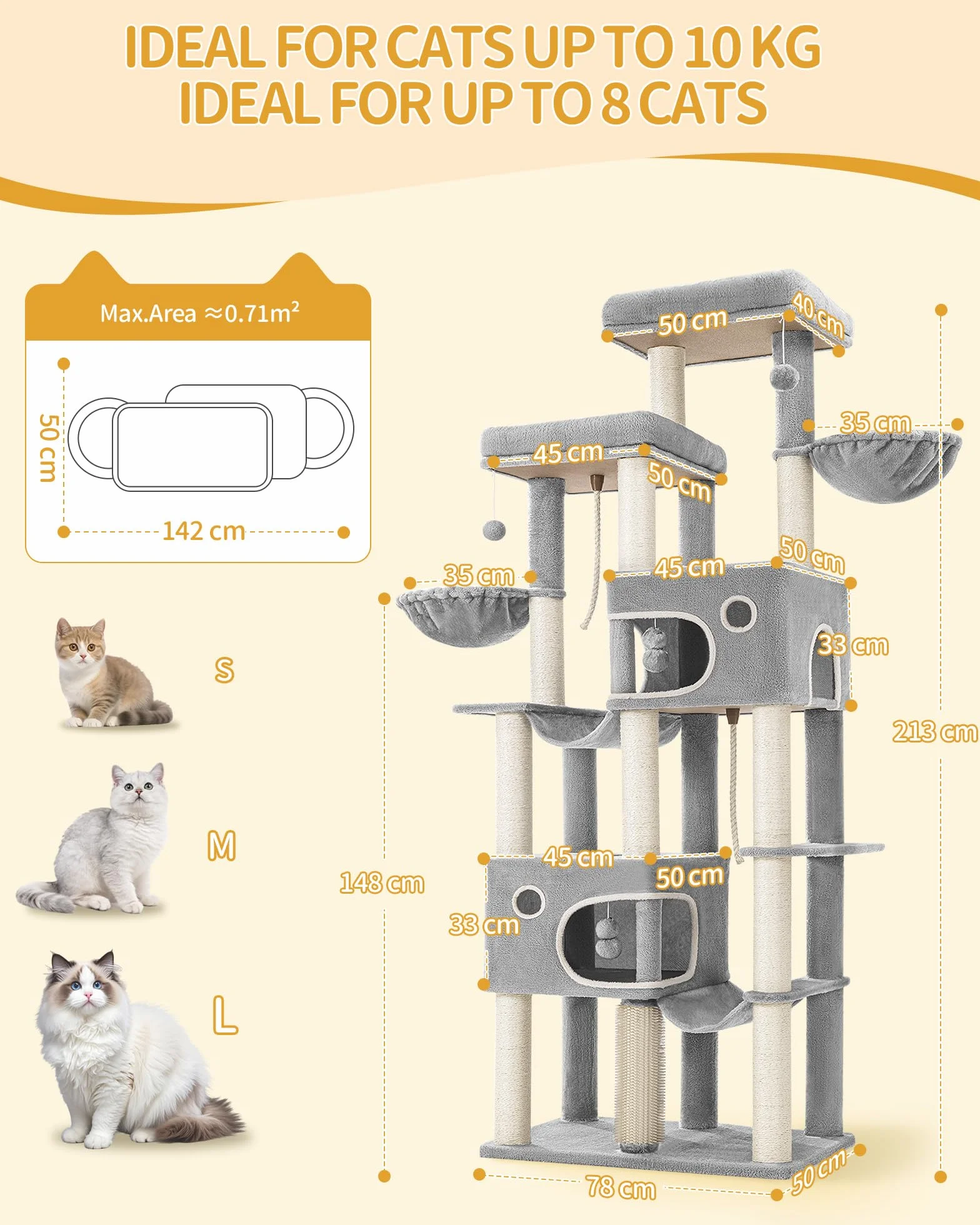 Hzuaneri Albero Tiragraffi Grande per Gatti, Torre per Gatti da Interno 213 cm con 2 Piattaforme XL, 2 Grotte, 10 Pali in Sisal, 2 Amache e Massaggiatore, per Maine Coon, Grigio Chiaro, MS21418LG