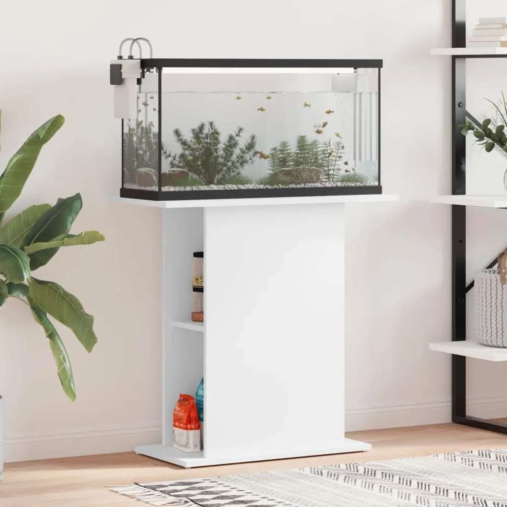 Supporto per acquario, bianco, 75 x 36 x 72,5 cm, in legno, stabile armadietto per acquario con scomparti aperti per riporre mangime per pesci e accessori, design sottile per soggiorno