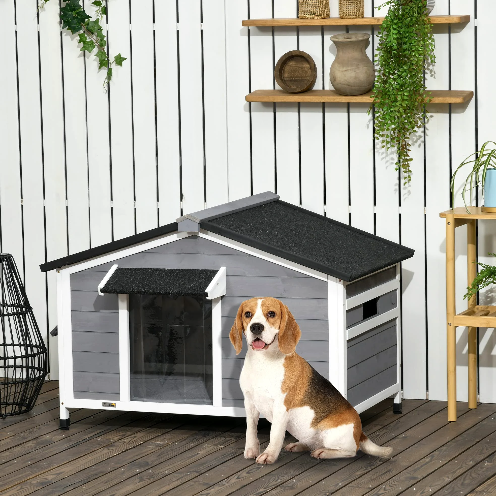 PawHut Casetta per Cani Taglia Piccola e Media in Legno di Abete, Design Rialzato con Tenda Protettiva, 2 Finestre e Fondo Rimovibile, 109x79x72 cm