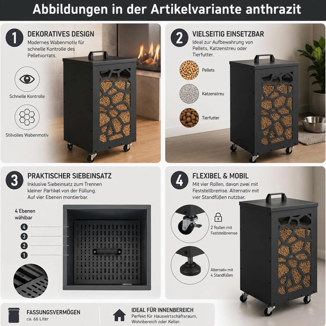 Mendler Contenitore per Pellet Nido Ape HWC-Q30 stoccaggio Pellet, con setaccio Filtro e rotelle 64x36x36cm - Bianco Grigio