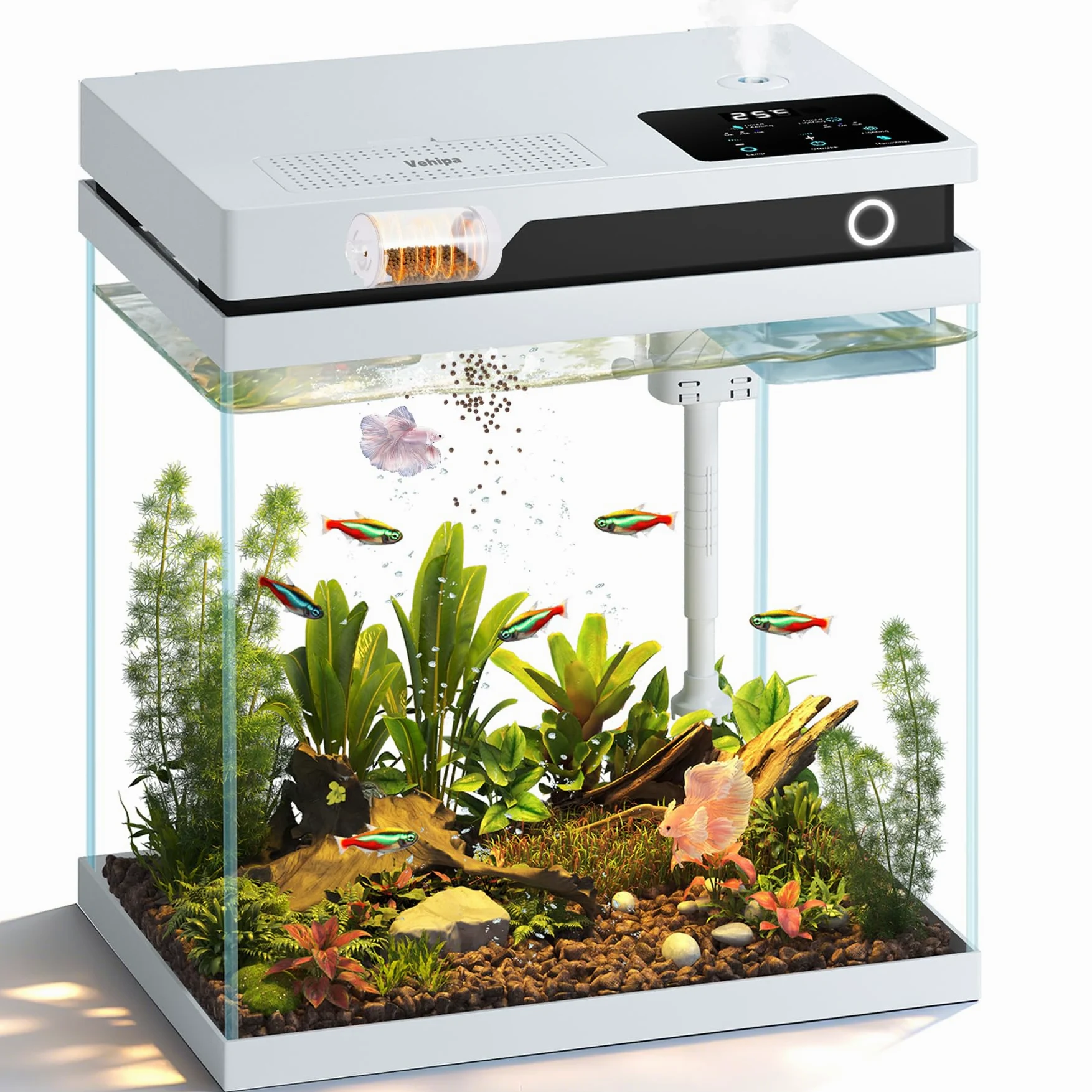 Vehipa Acquario per Pesci Rossi da 16L, Completo Acquario con Alimentatore Automatico, Pompa Silenziosa 4 in 1, Illuminazione Regolabile, Display della Temperatura e Umidificatore