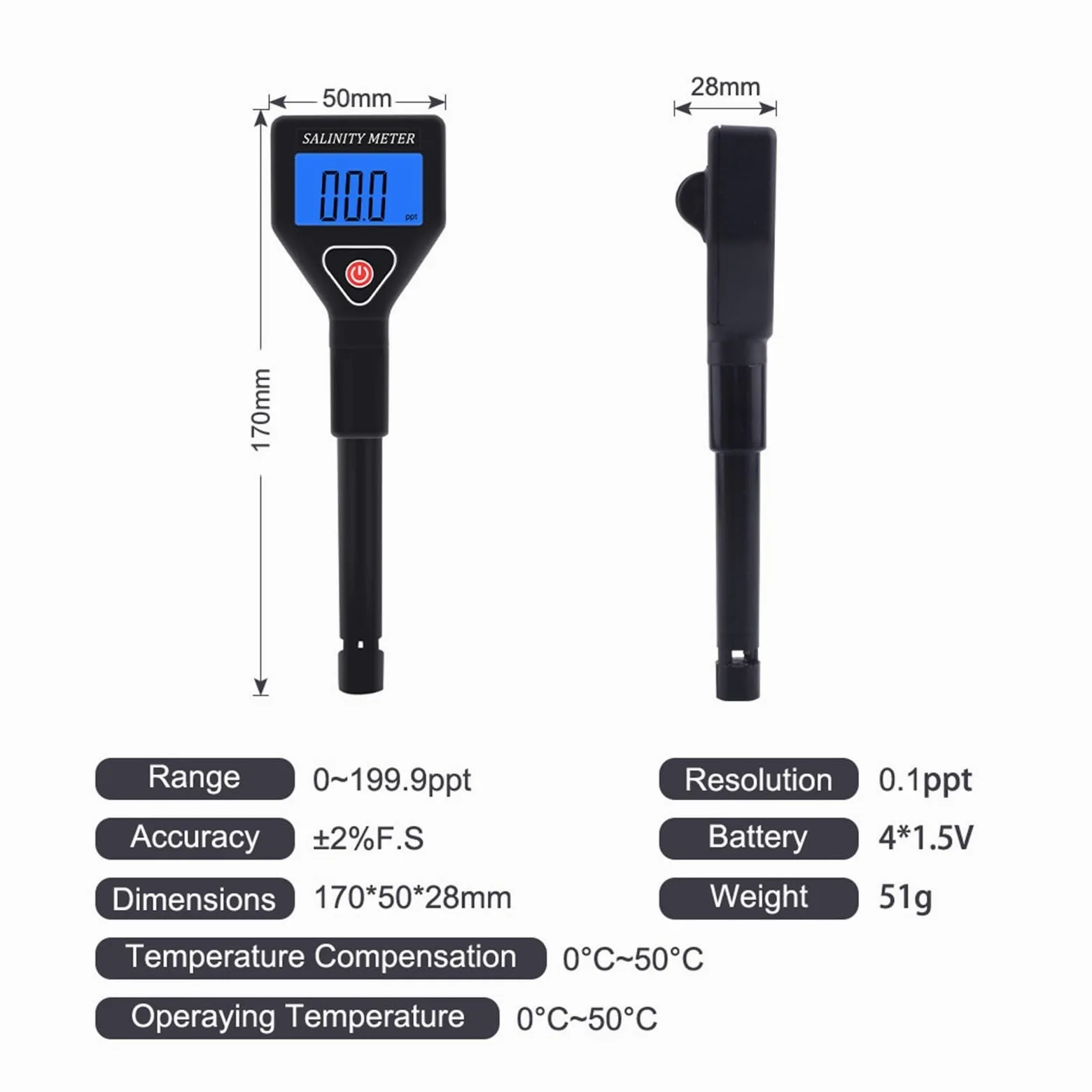 Misuratore di salinità portatile Salinometro Halometer Calibro di sale Salamoia Salamoia Acqua di mare Tester di salinità alimentare Concentrazione di sale Tester dell'acqua