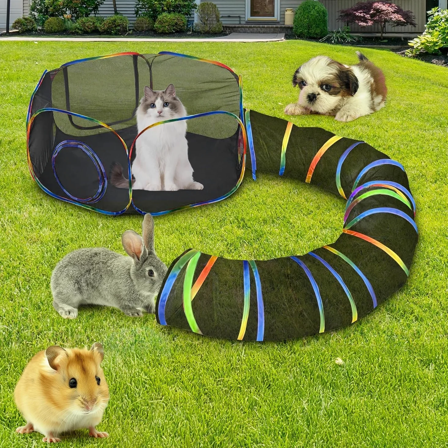 Grande Tunnel per Animali Domestici Pieghevole da Esterno - Tenda Portatile per Gatti, Conigli, Cuccioli con Recinzioni
