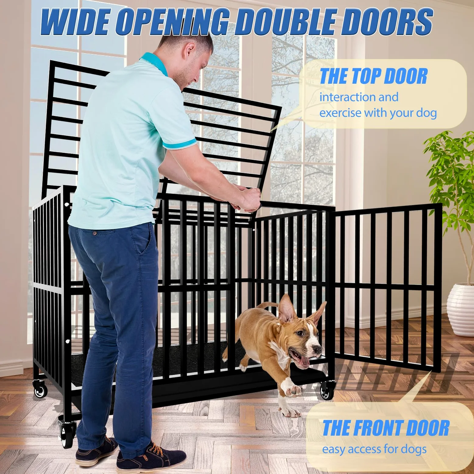 Grande gabbia per cani, canile indistruttibile per cani in acciaio legato resistente con ruote bloccabili, doppia porta e serrature robuste(Grande)