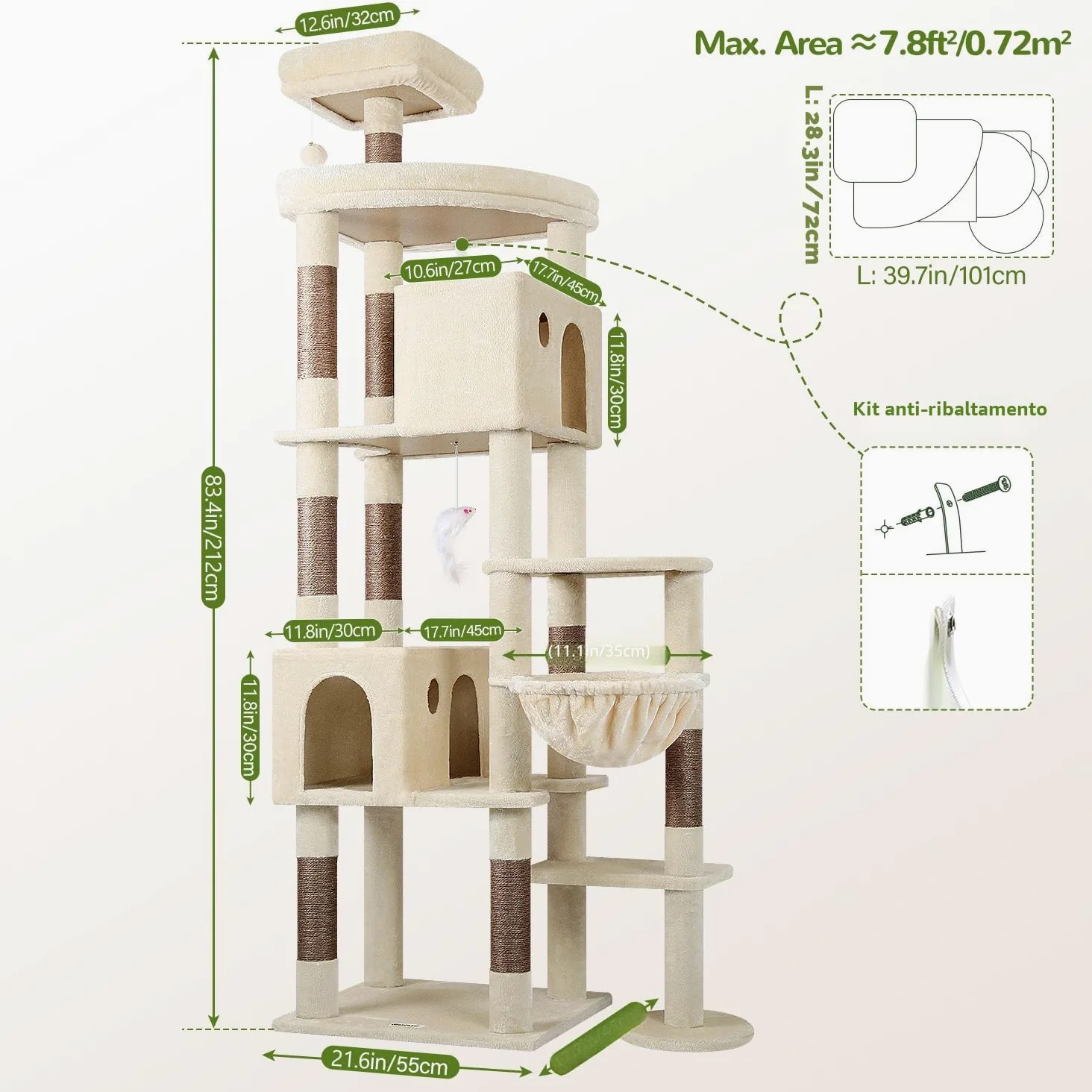 Globlazer Tiragraffi Beige XXL per Gatti Adulti Alto 213 cm con Grandi Piattaforma 55cm*45cm, 2 Grotta, Posatoi, Cesto, Albero Tiragraffi Stabile per Multipli Gatti Grandi Interno (F83, Beige)