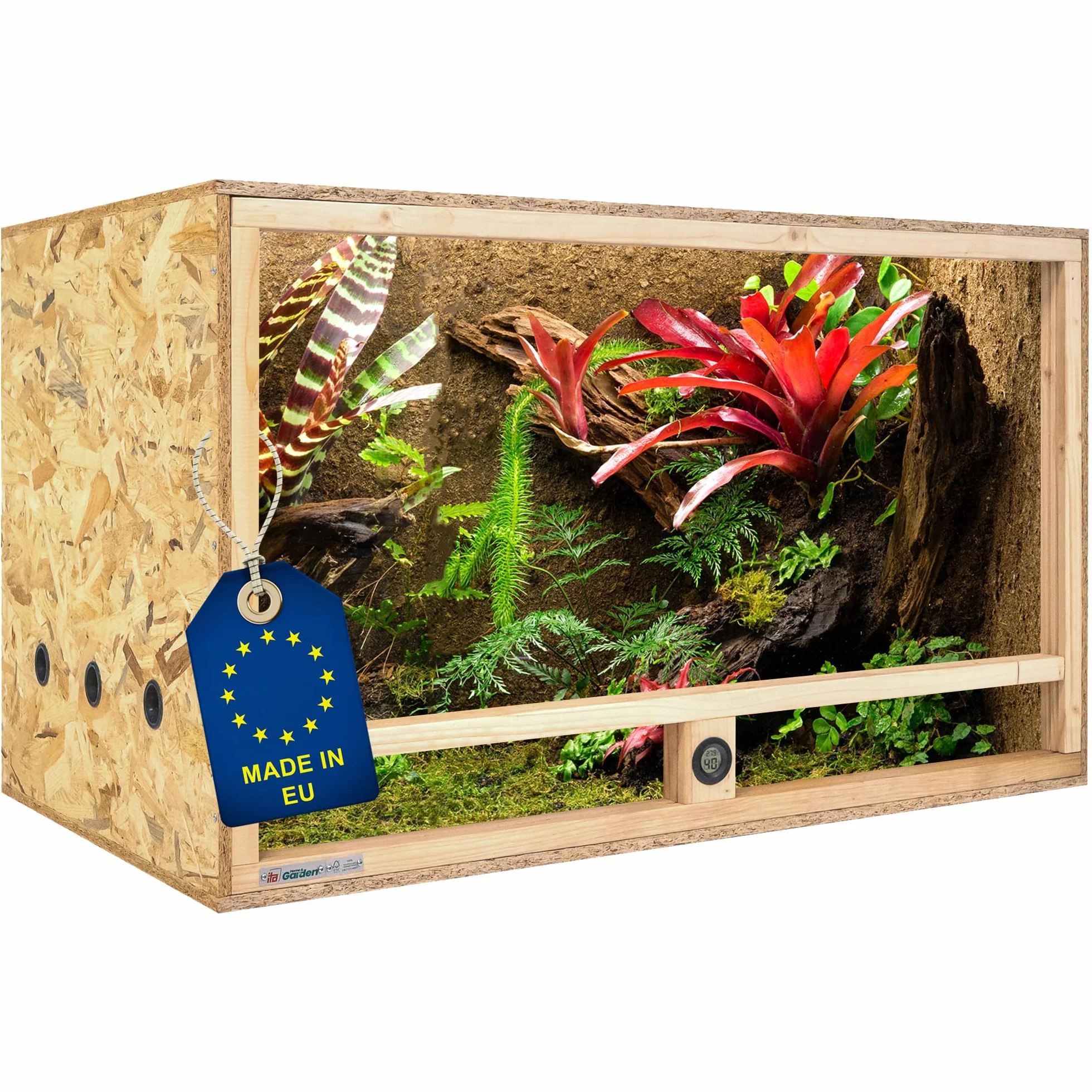 ITA Terrario in legno 120x60x60 cm con ventilazione laterale e igrometro integrato - Terrario in legno OSB-3 - Per rettili, serpenti, anfibi - Prodotto UE, certificato FSC