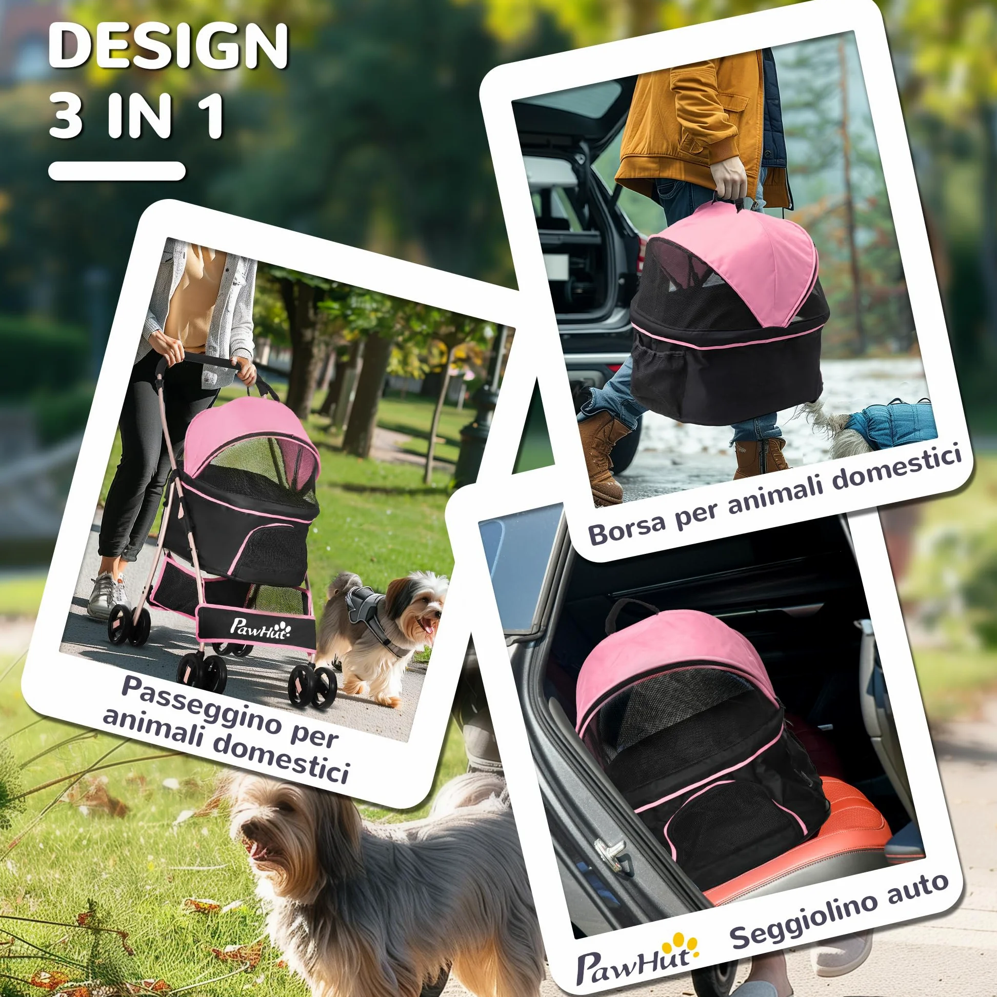 PawHut Passeggino per Cani 3 in 1 Pieghevole Convertibile in Borsa da Trasporto, Seggiolino Auto con 2 Guinzagli, Cuscino, Passeggino per Animali in Acciaio, Tessuto Oxford, 82x49.5x98cm, Rosa