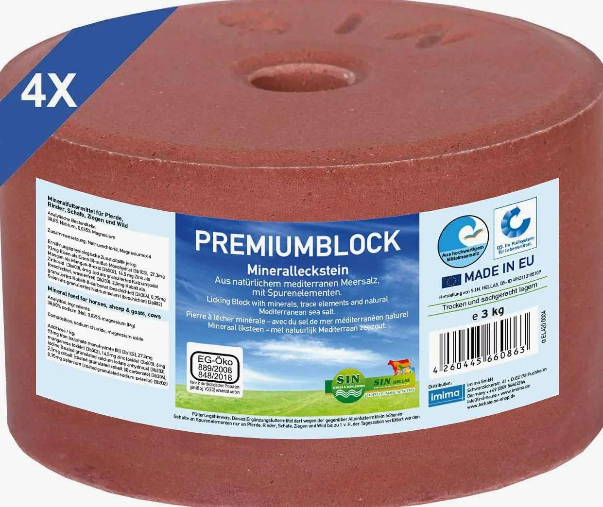 Mineral Lick Horse PREMIUMBLOCK Set di pietre saline 4 x 3 kg - Pietre saline per cavalli, pecore, capre, selvaggina e bovini - Pietra minerale per leccare il sale