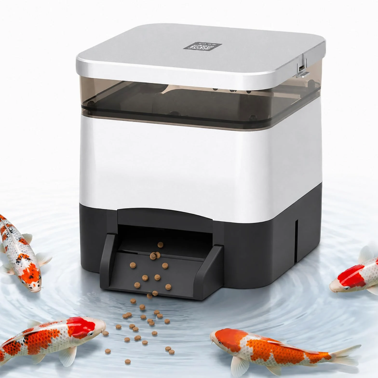 Distributore per Pesci da Laghetto 4 L - Mangiatoia Automatica con Serbatoio Trasparente Silver