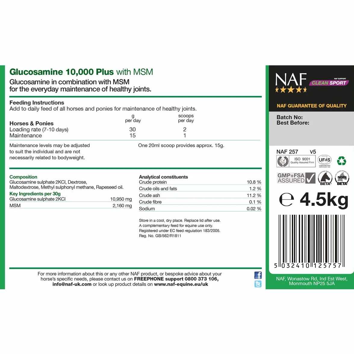 NAF GLUCOSAMINE 10,000 PLUS WITH MSM - 4.5 KG - NLF0498