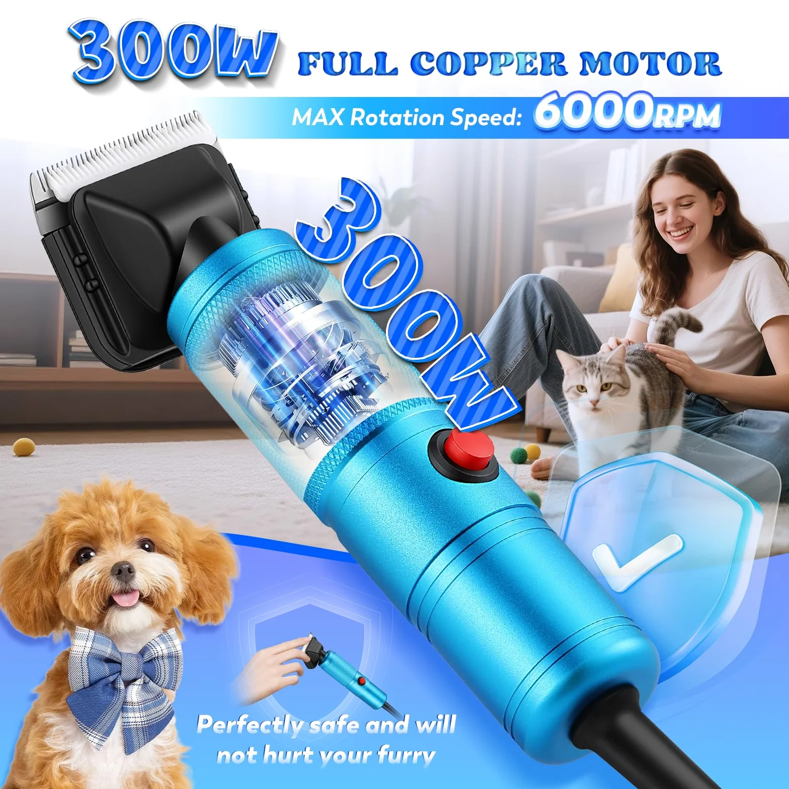 Moongiantgo Tosatrice per Cani Professionale da 300W, Controllo della Velocità 2000-6000RPM, Lame in Ceramica Rimovibili, Rasoio per Cani con 1 Lama Extra & 2 Pettini (Blu)