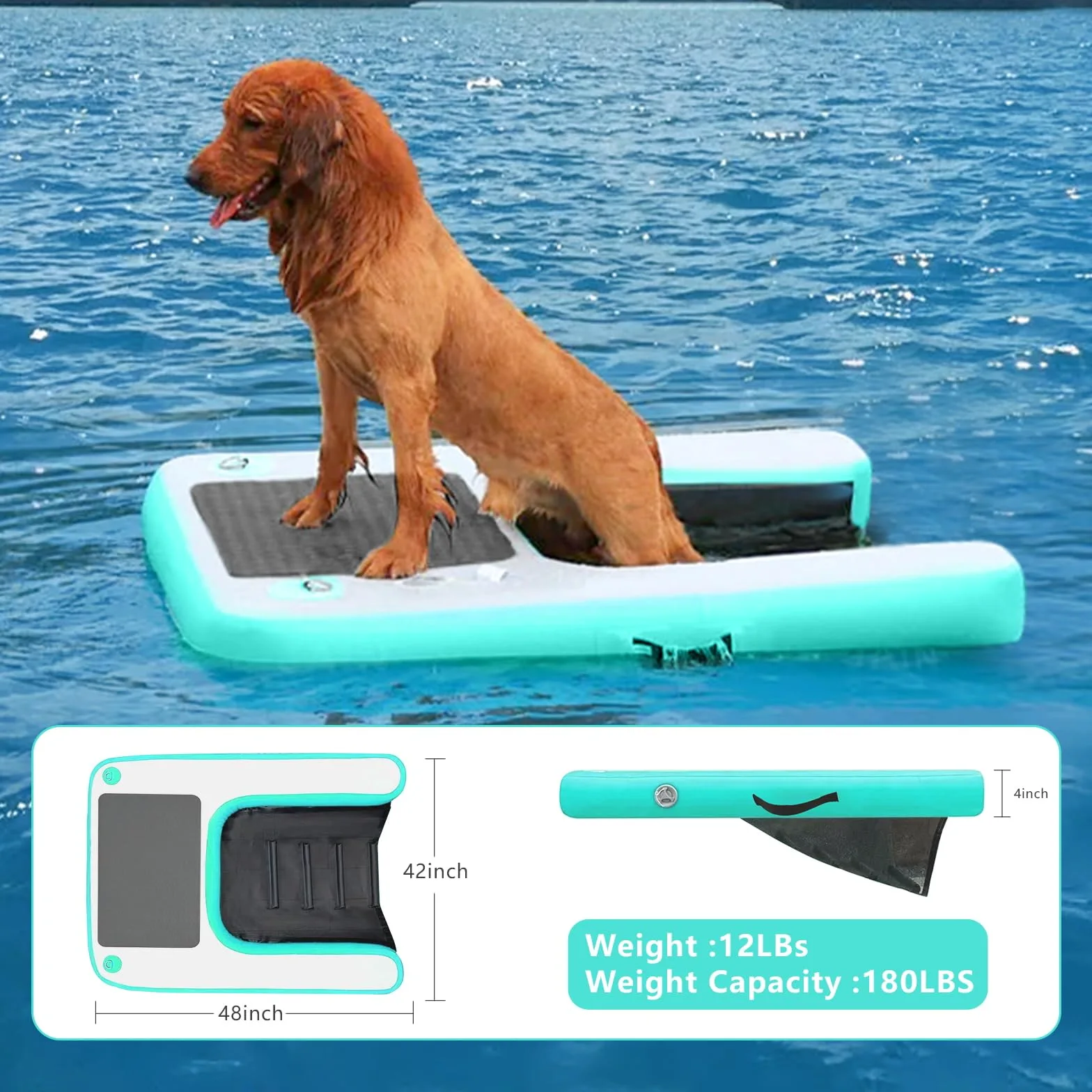 Rampa Gonfiabile per Cani da Barca, Rampa d'Acqua per Cani di Grossa Taglia fino a 200 libbre (90,7 kg), Galleggiante in PVC Antiscivolo con Scala Zattera d'Acqua per Animali per Piscina, Molo