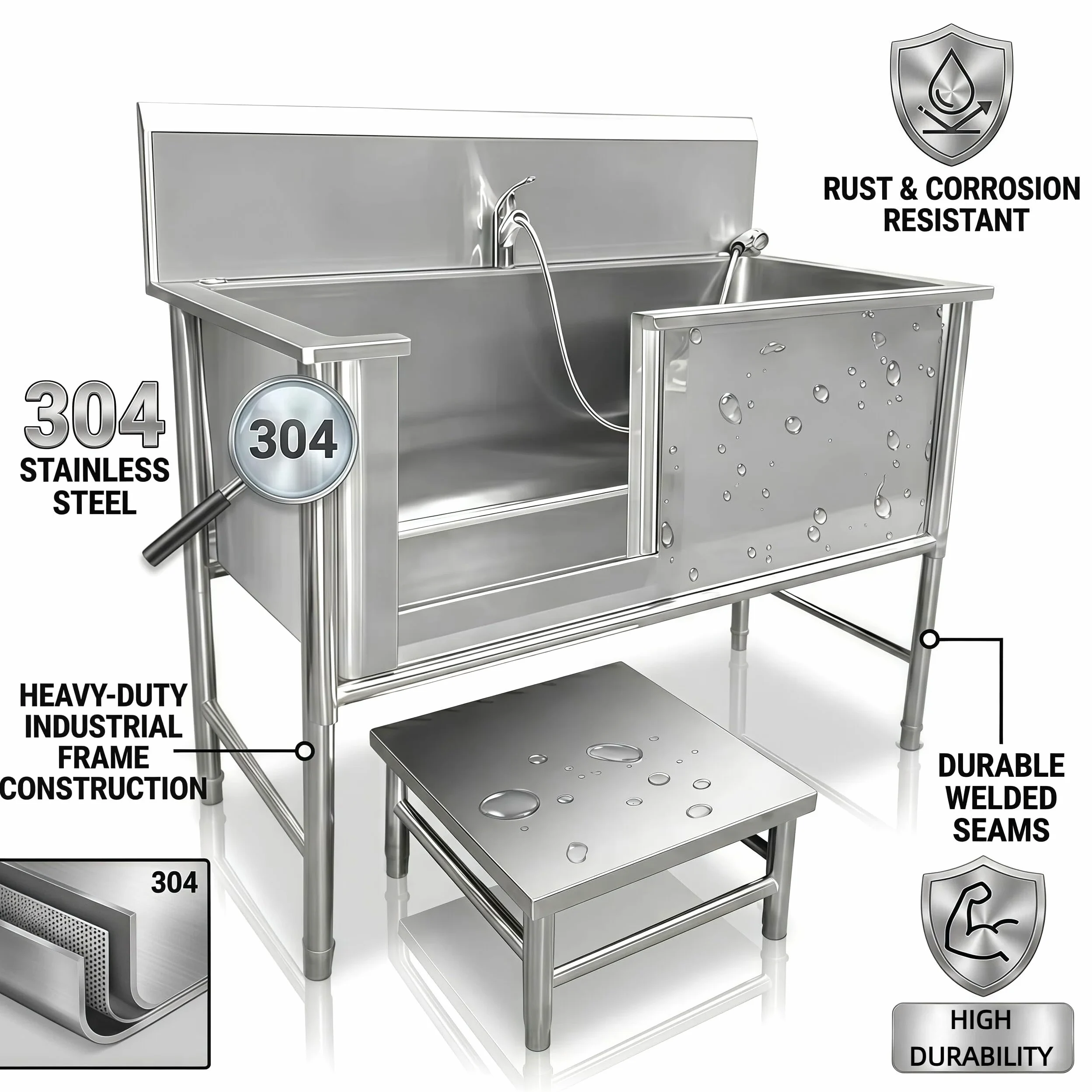 Vasca da Bagno per Cani in Acciaio Inox 304, Vasca Toelettatura Professionale con Pedana di accesso e Porta Scorrevole, Stazione Lavaggio Cani Antiscivolo con Miscelatore fino a 100 kg (47.24in)