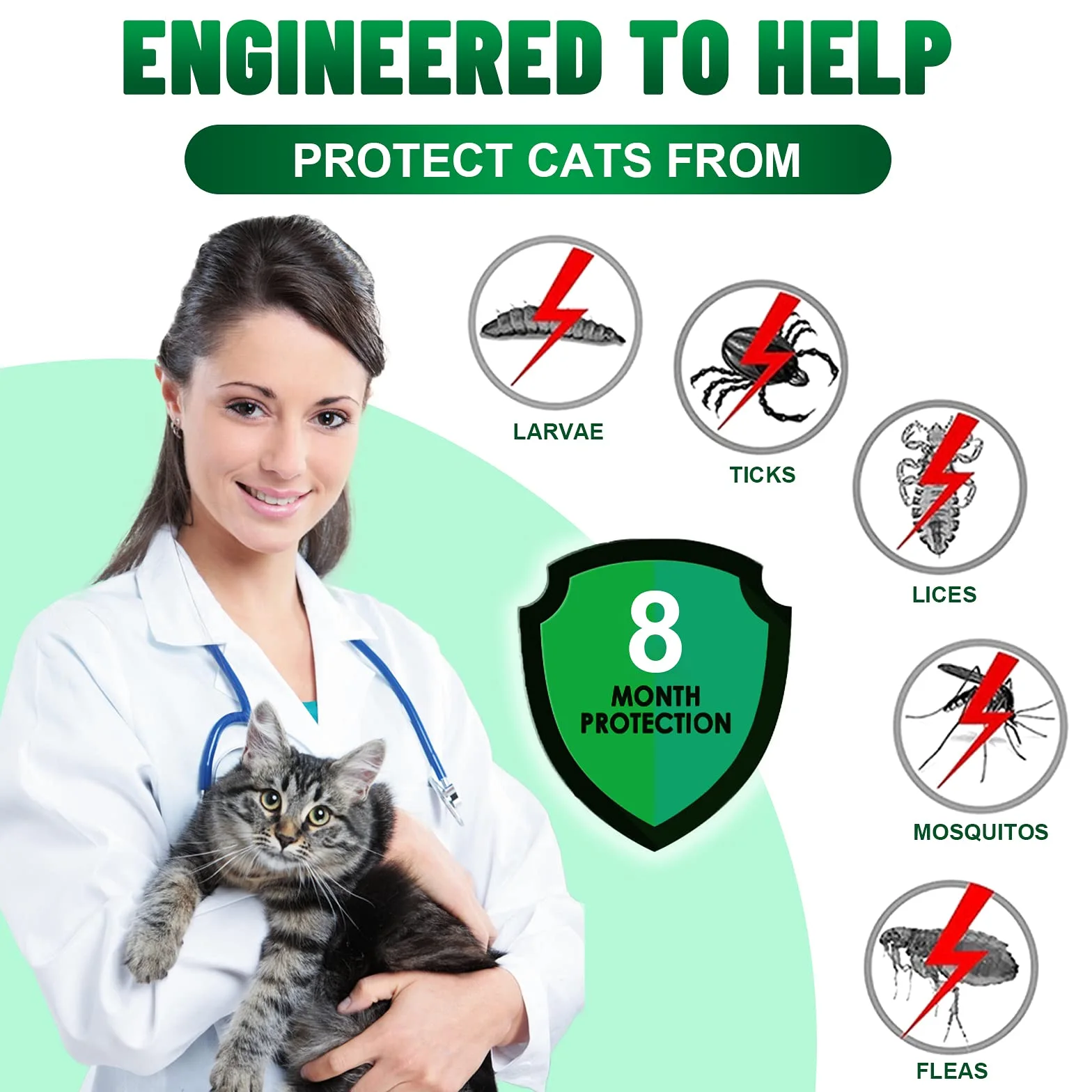Collare Antiparassitario per Gatti, Collare Antipulci per Gatti Impermeabile Regolabile Naturale con Protezione di 8 Mesi, Si Illumina al Buio, Soluzione Sicuro Contro i Parassiti per Gatto