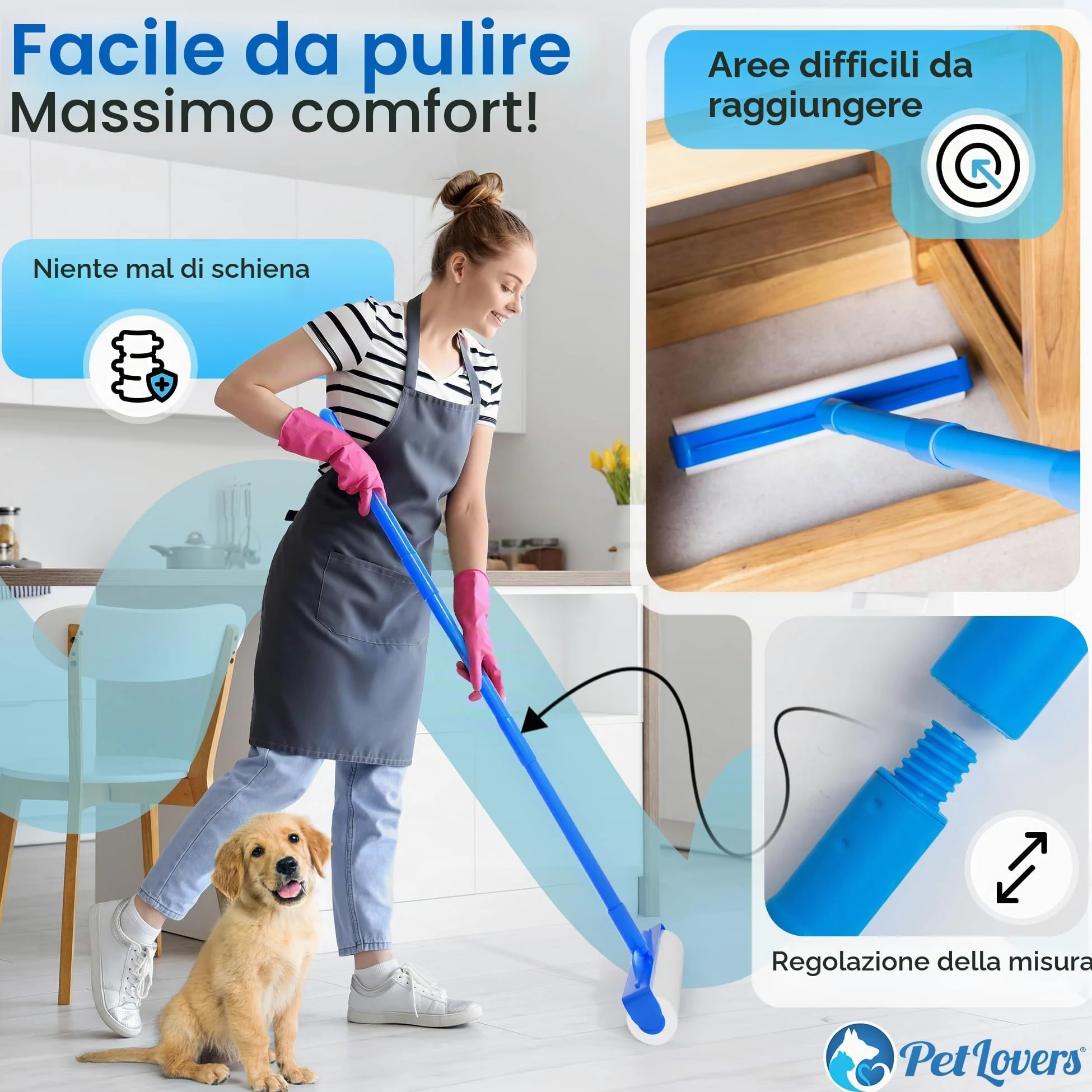 Rullo Rimuovi Peli PetLovers Large con 3 Ricariche – 360 Fogli Totali per Affrontare i Peli degli Animali, Rullo Extra Large per Pavimenti e Tappeti per Case con Animali, Perfetto per Pavimenti