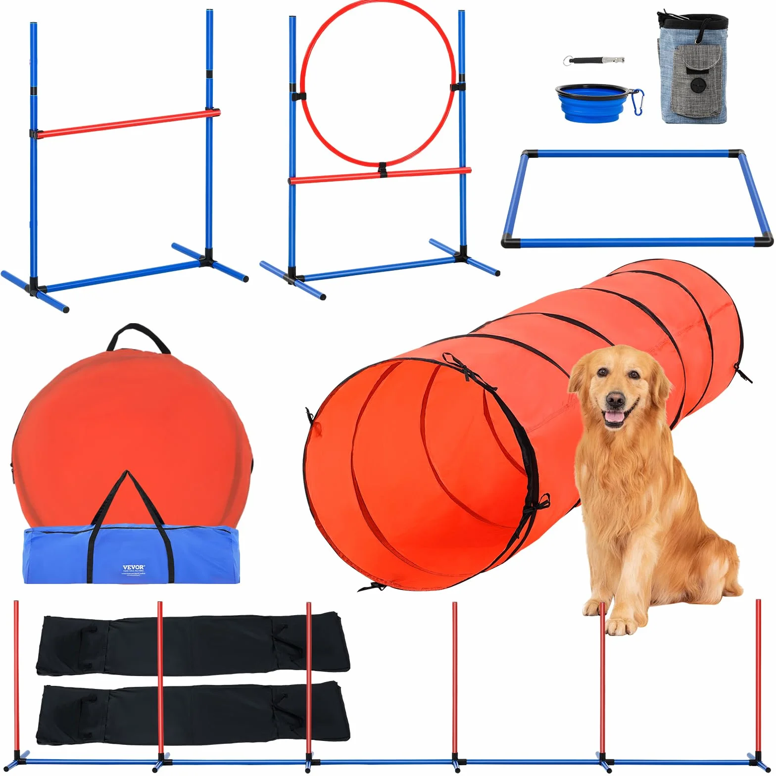 VEVOR Attrezzatura per Addestramento Agilità per Cani, Set 5 Pezzi, Percorso a Ostacoli per Cuccioli, Ostacoli Altezza Regolabile, 6 Pali, Tunnel, Anello Salto, Scatola Pausa, Fischietto